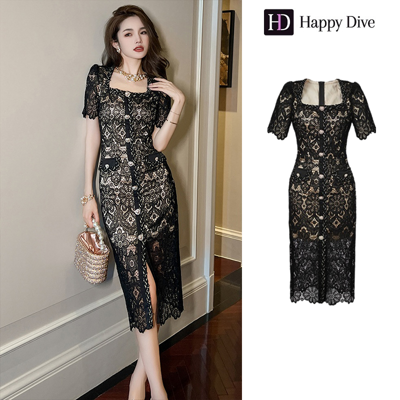 Happy Diva เดรสผู้หญิง ผ้าลูกไม้ เดรสคอเหลี่ยม เดรสสีดำ เดรสทำงาน เดรสไฮโซ เดรสออกงาน เดรสไปงานแต่ง เดรสวินเทจ เดรสฝรั่งเศส 50087 ราคา 1,799 บาท*ส่งฟรี