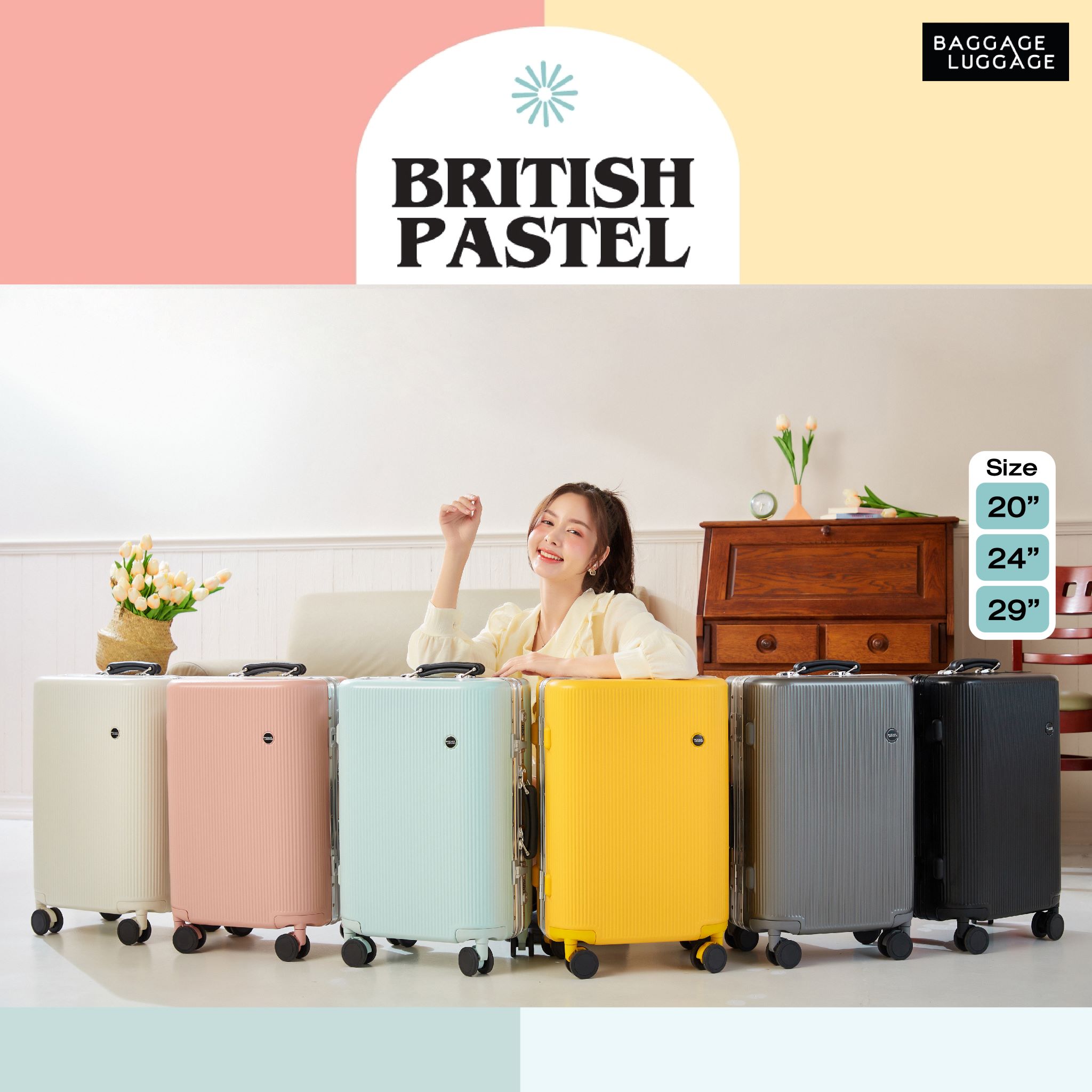 กระเป๋าเดินทาง รุ่น BRITISH PASTEL ดีไซน์หรูฟังก์ชั่นผิวกันรอย [รับประกัน 3 ปี] แบรนด์แท้ BAGGAGE LUGGAGE ราคา 1,990 บาท*ส่งฟรี