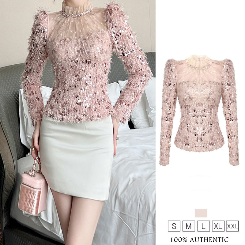 Áo sơ mi nữ ZYHT EraVogue Áo sơ mi màu hồng áo sơ mi phồng Quần áo sequin áo sơ mi công sở. Xin chào