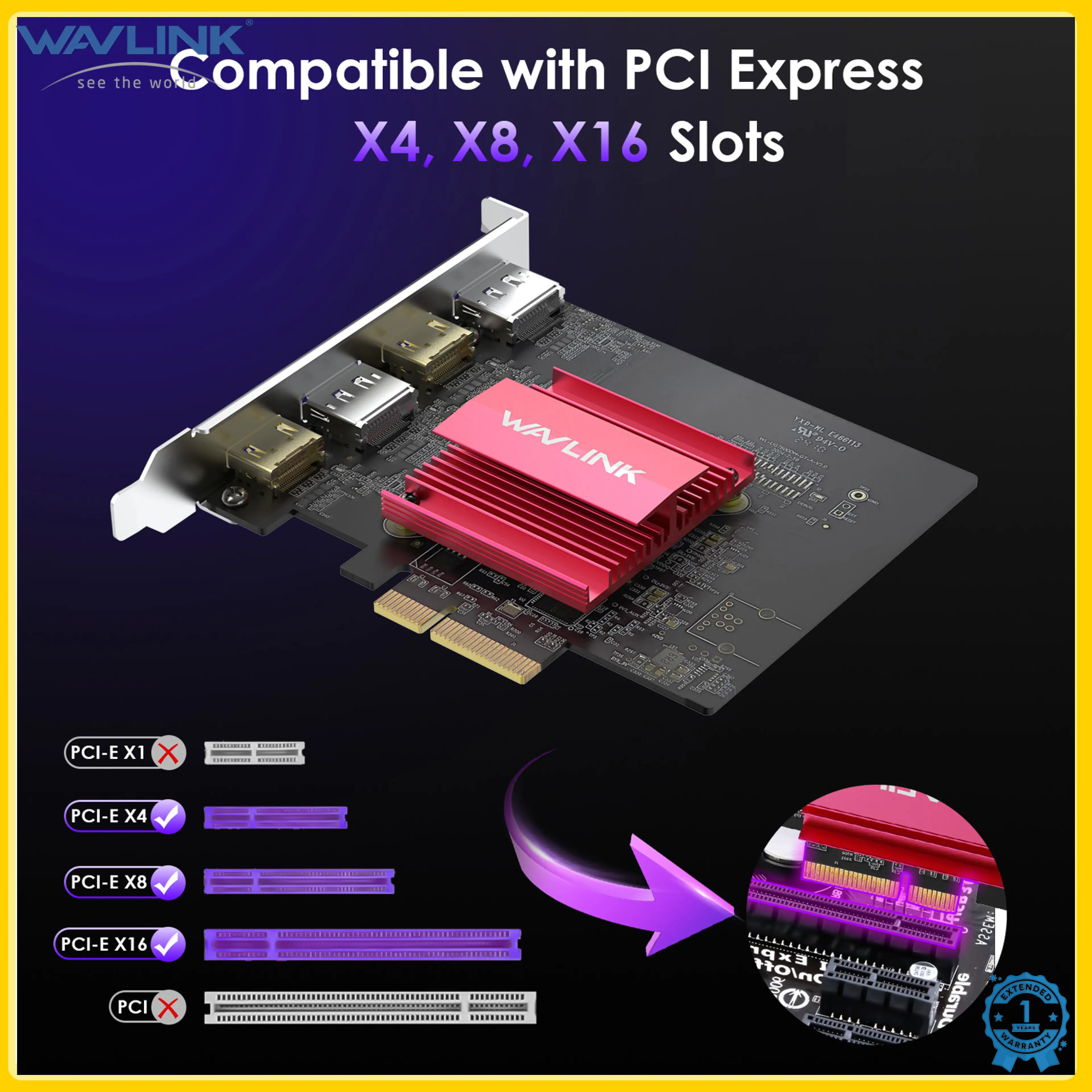 Wavlink Pcie 3.0 Quad 4K/Dual Dp 8K Graphics Card with Displaylink Dl7400 for Windows 11/10 and Ubuntu 2Hdmi+2Dp Ports, Supports Pci Express X4, X8, X16 Slots.