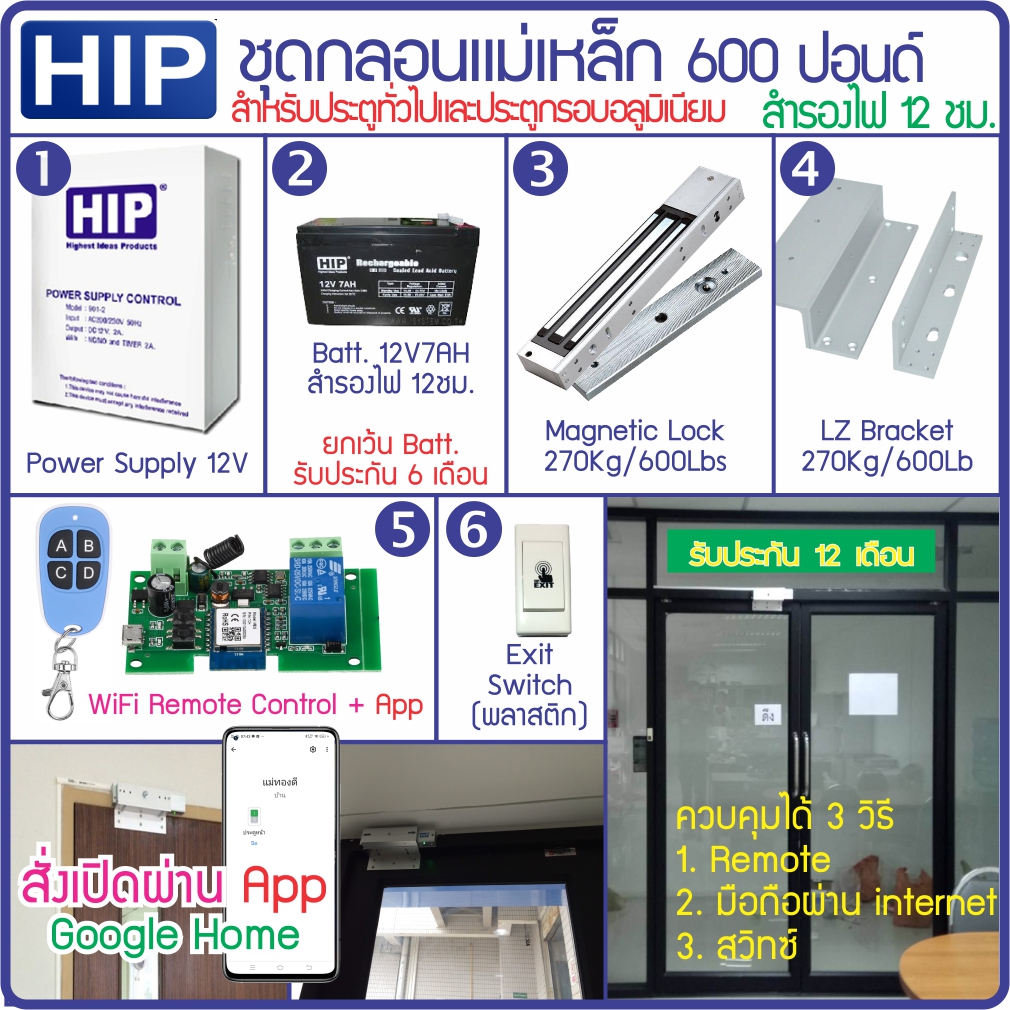 HIP ชุดกลอนประตูเปิดประตูด้วยมือถือผ่าน Internet รีโมทและสวิทซ์ กลอนแม่เหล็ก กลอนไฟฟ้า กลอน Bolt กลอนเดือย สำรองไฟ 12 ชม. ราคา 3,250 บาท*ส่งฟรี