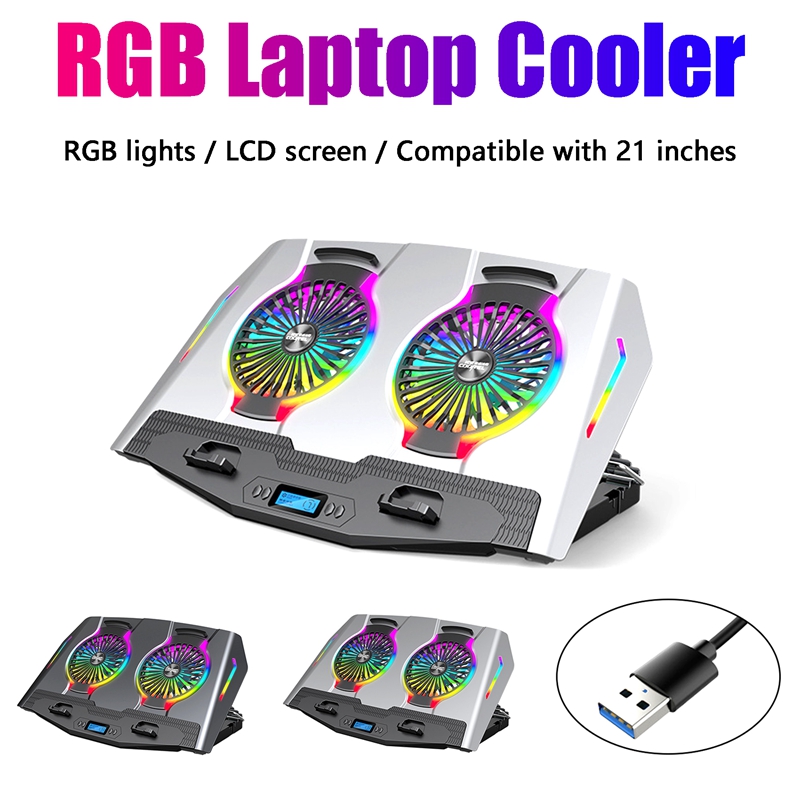 RGB ที่ระบายความร้อนแล็ปทอป11-21นิ้วพัดลมจอแสดงผล LCD Gaming แผ่นระบายความร้อนโน้ตบุ้คขาตั้งแล็ปท็อป2 USB พอร์ต