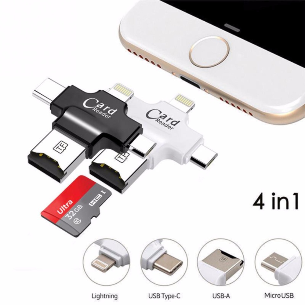 การ์ดรีดเดอร์ 4 in 1 OTG card reader,TF, Lightning 8-pin, Micro USB, Type-C Smart Card Reader with Micro USB Charge port for Smartphone (สีดำ) การ์ดรีดเดอร์ 4 in 1 OTG card reader,TF, Lightning 8-pin, Micro USB, Type-C Smart Card Reader with Micro USB Charge port for Smartphone (สีดำ)