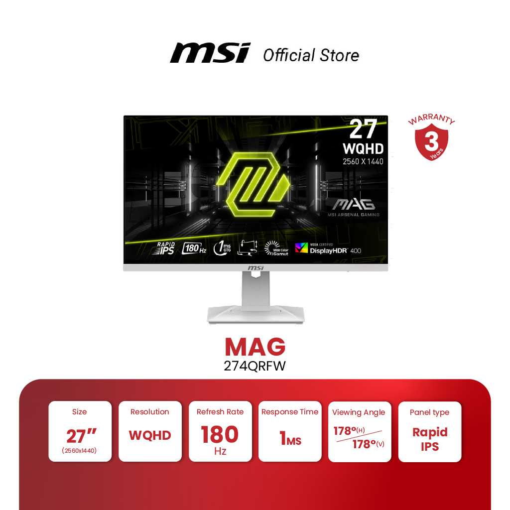 MSI GAMING MONITOR MAG 274QRFW | 27" WQHD | Rapid IPS | 180Hz | 1ms (จอเกมมิ่งคอมพิวเตอร์) ราคา 9,110 บาท*ส่งฟรี