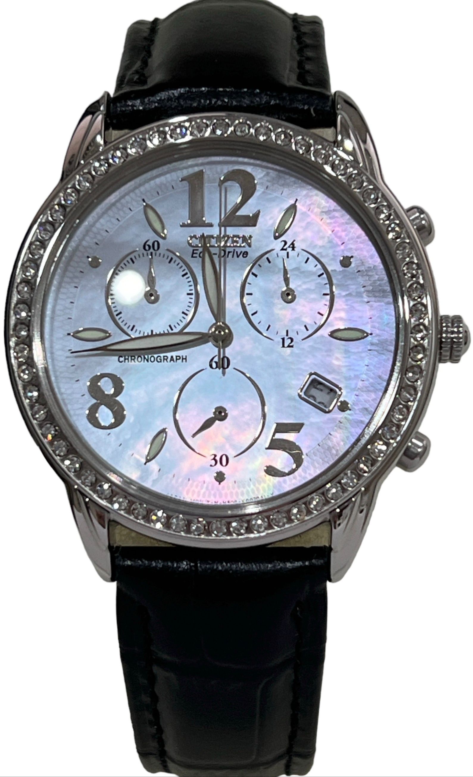 นาฬิกาข้อมือผู้หญิง CITIZEN Eco-Drive Chronograph รุ่น FA 2010 ขนาดตัวเรือน 36 มม. ตัวเรือน Stainless Steel สายสีดำ ราคา 7,800 บาท*ส่งฟรี