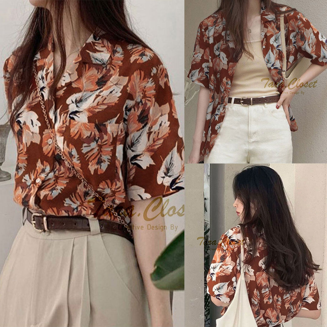IT085 TARA เสื้อเชิ้ตฮาวาย ใส่เล่นน้ำ สงกรานต์ ลายดอกวินเทจ แขนสั้น เนื้อผ้าไหมอิตาลีอย่างดี พิมพ์ลาย สวยมาก ใส่สบาย ไม่ร้อน ราคา 119 บาท*ส่งฟรี