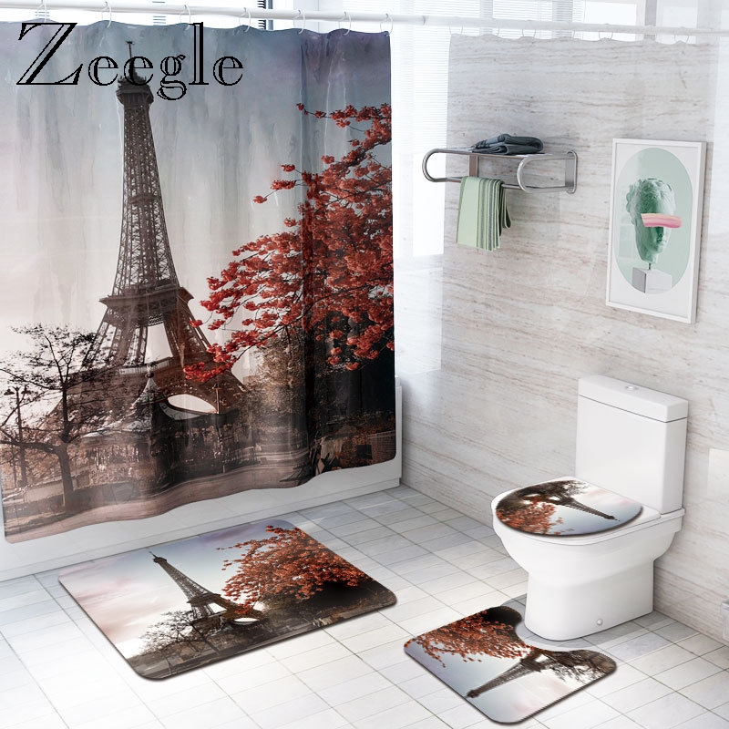 Zeegle Printed Tower Bath Mat Set Waterproof Toilet Curtain Anti-slip Bathroom Doormat Modern Mat for Toilet Decoration