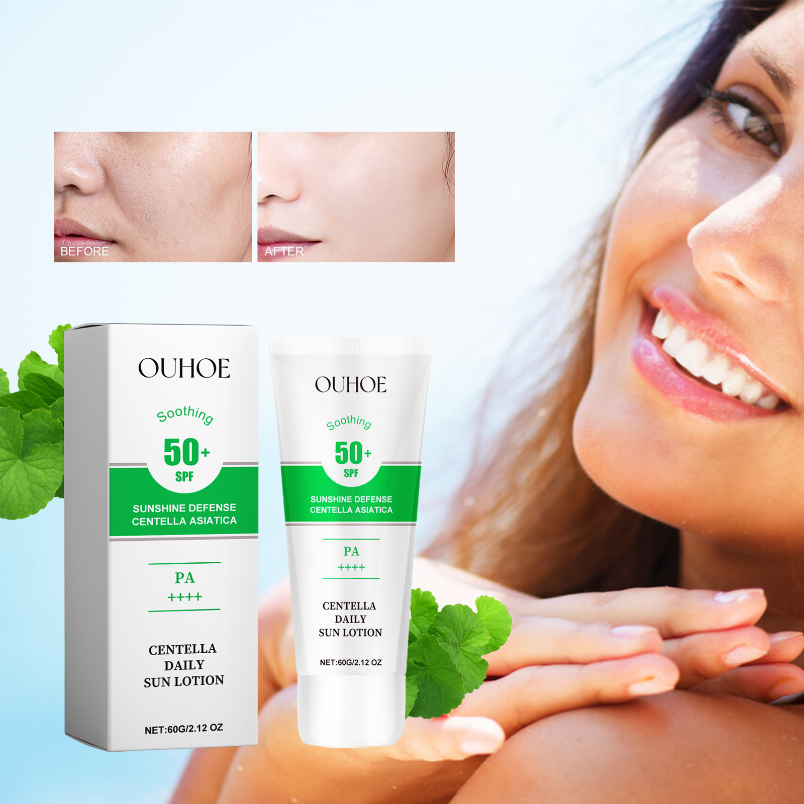 Ouhoe Sunscreen for Facial Skin Without Makeup. Waterproof, Sweat-Proof, Long-Lasting, Brightens the Complexion, High Spf, Lightweight, Breathable, Does Not Clog Pores, Suitable for Sensitive Skin, Easily Irritated. Summer Facial Protection Cream, Water L
