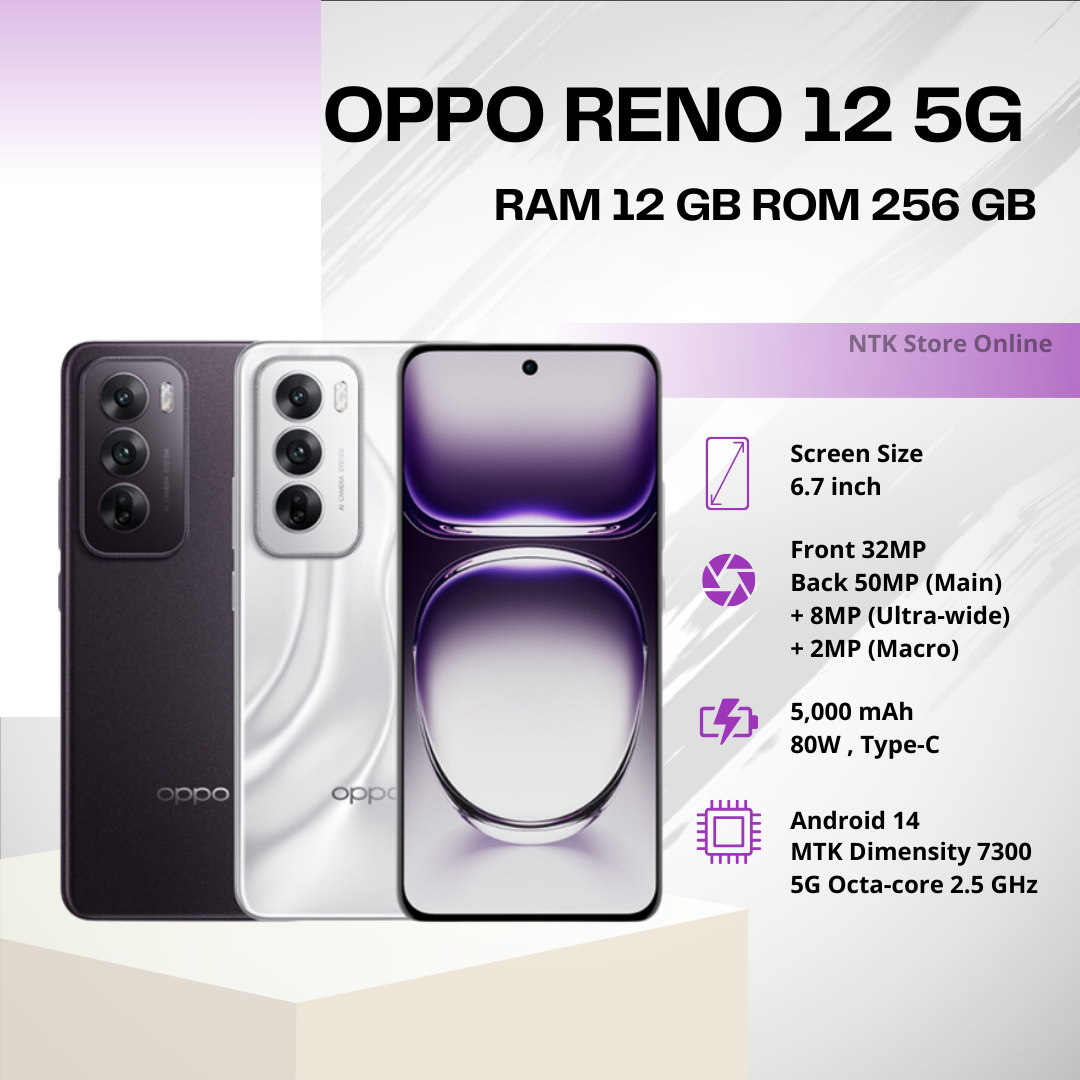 โทรศัพท์มือถือ OPPO Reno 12 5G - ออปโป้ หน้าจอ 6.7 นิ้ว Ram 12GB/Rom 256GB รับประกันศูนย์ 1 ปี ราคา 14,240 บาท*ส่งฟรี
