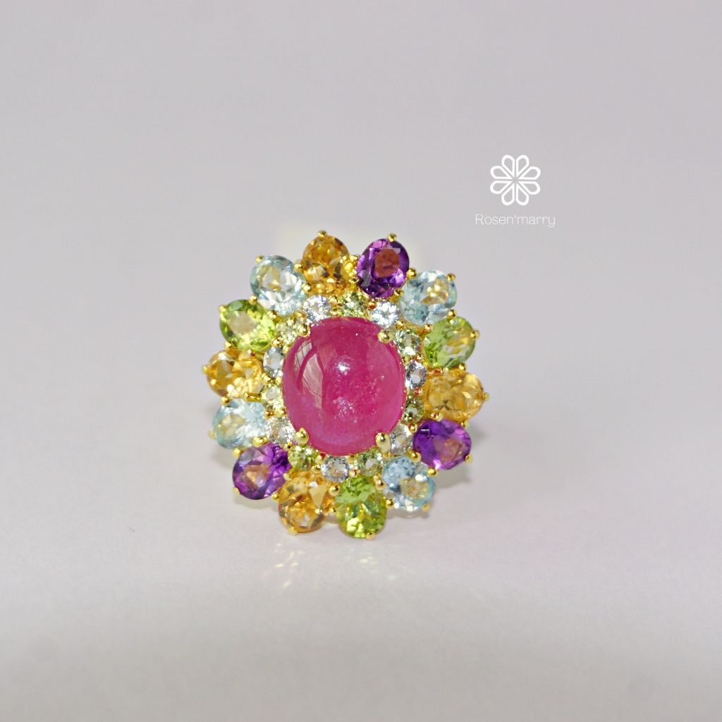 Natural Ruby and muti gems 20 Cts Ring Sterling Silver925 With Gold Plated 7 US. ราคา 6,000 บาท*ส่งฟรี