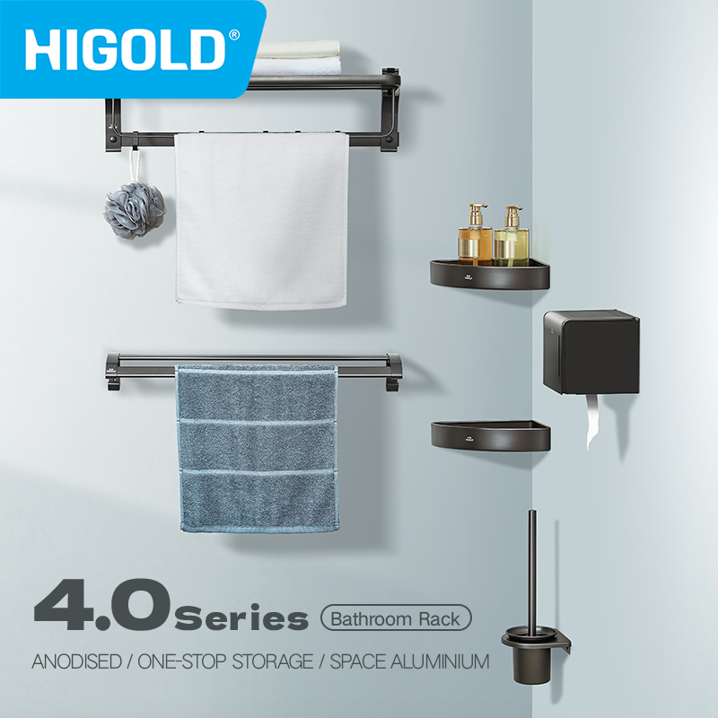 HIGOLD Bathroom Shelf No Punch Grey Aluminium Bathroom Shelf Bath Towel Rack Tissue Holder Toilet Brush Corner Rack One Set ราคา 876 บาท*ส่งฟรี