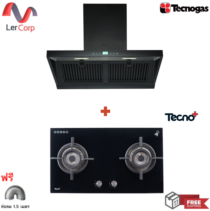 (Tecno) เครื่องดูดควันแบบติดผนัง 90 ซม. TCH 90-N2 สีดำ + เตาแก๊ส 2 หัว TNP HB FLORA 2 GBT ฟรีท่อลม 1.5 ม. ราคา 18,900 บาท*ส่งฟรี