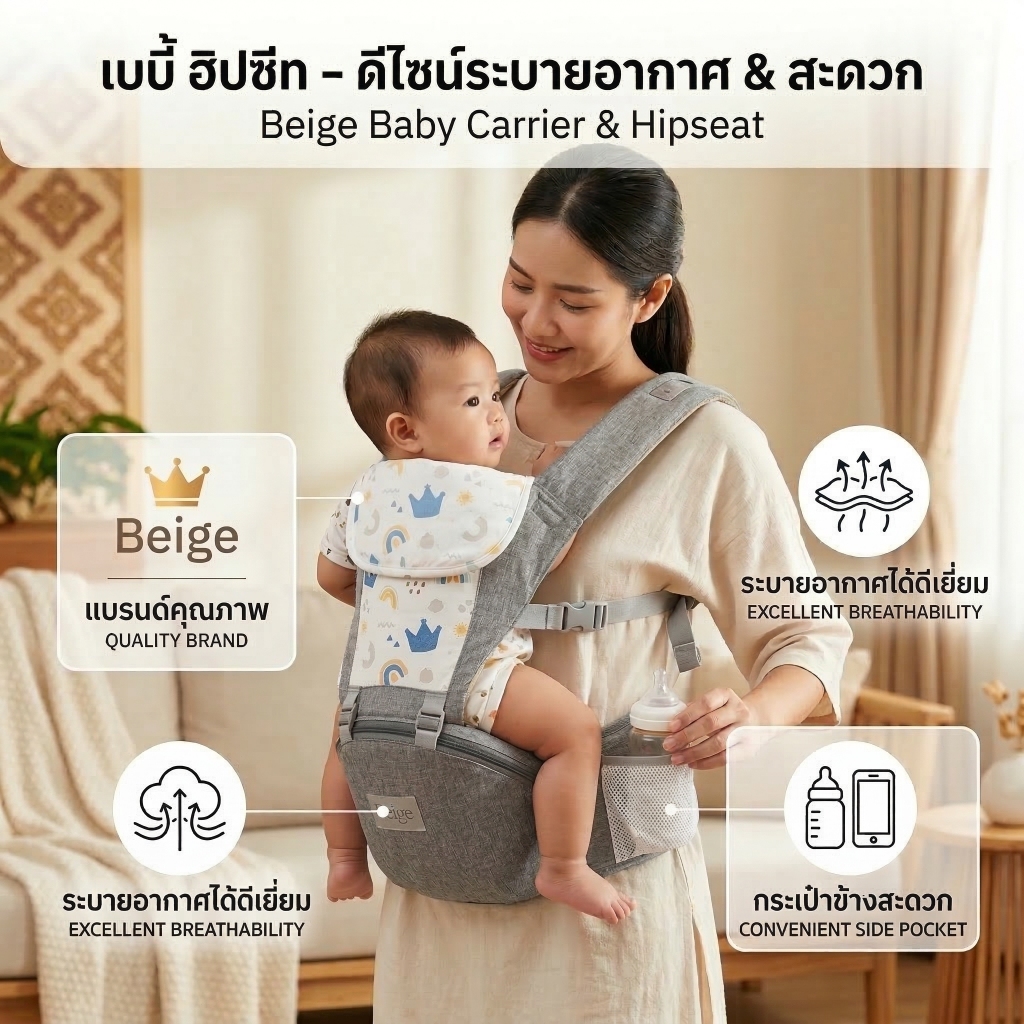 Beige เป้อุ้มเด็ก เป้อุ้มเด็กฝ้าย เป้อุ้มเด็กระบายอากาศ 3-in-1 กระเป๋าอุ้มเด็ก กระเป๋าอุ้มลูกสินค้า กันแดด กันลม การจัดเก็บที่ดี พกพาสะดวก 0-36M