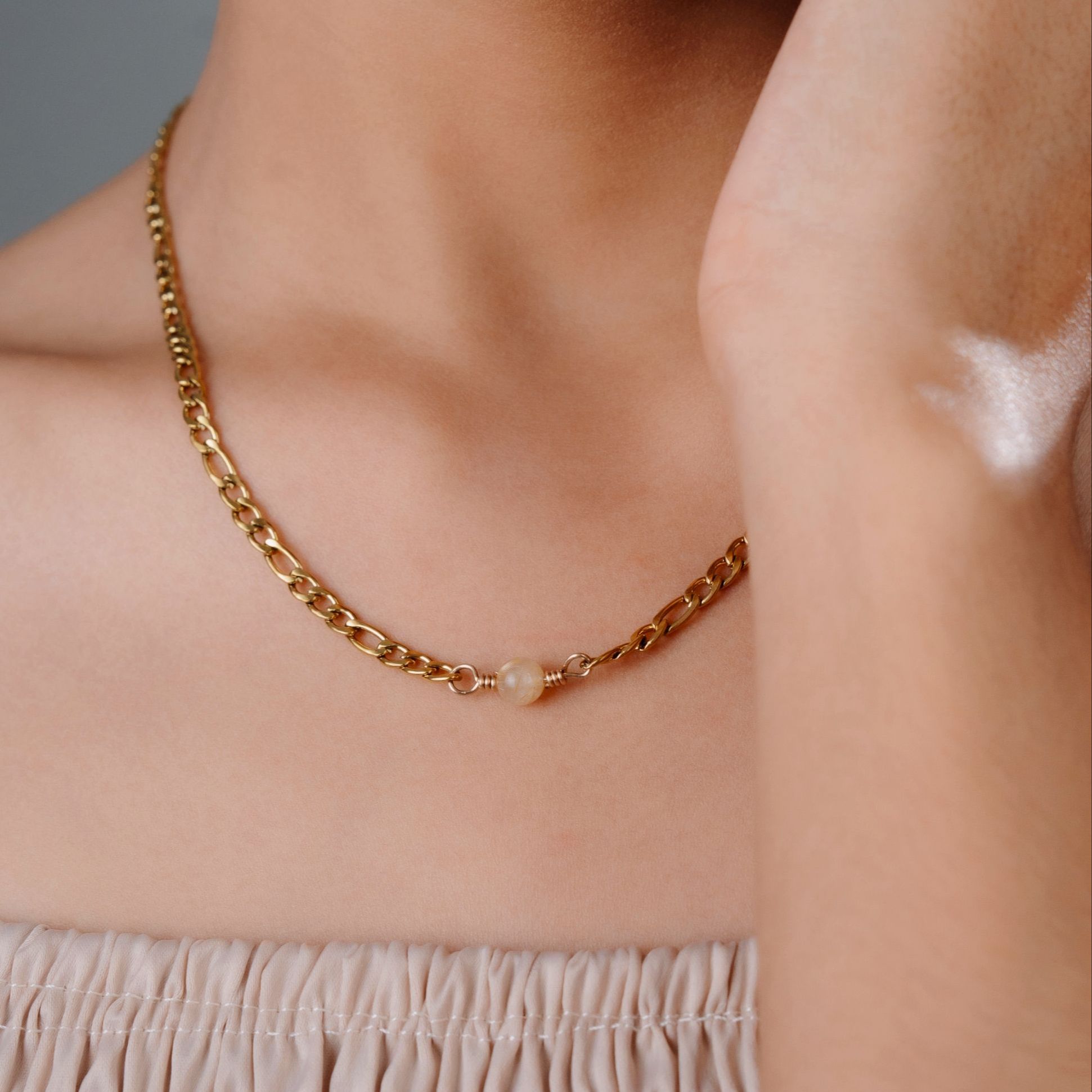 Vachana - Gold Rutilated Quartz Figaro Chain Necklace (Stainless Steel Figaro Necklace, Gold Silk Stone)
