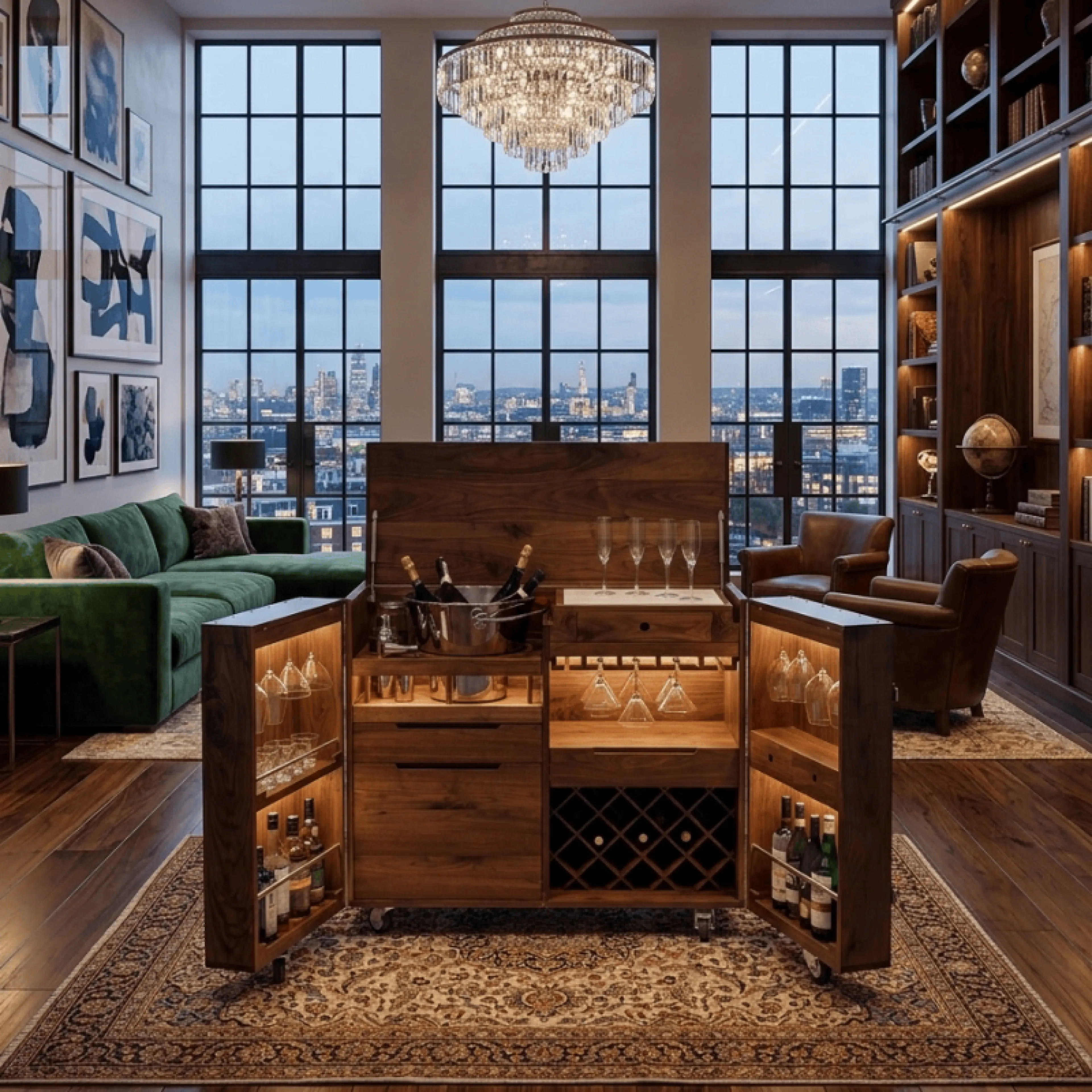 Bunise D009 Mobile Bar Cabinet, Elegant Design, Shiny Stainless Steel × Walnut Wood, Can Be Opened as a Beverage Bar. for Homes and Condos