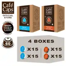 ภาพขนาดย่อของสินค้าCafecaps - Coffee Dolce Gusto MIX Compatible capsules of Milk (2 Box X15 แคปซูล) & Cremoso (2 กล่อง X15 แคปซูล) รวม 60 แคปซูล - Dolce Gusto Coffee capsule compatible แคปซูลกาแฟที่ กาแฟสไตล์อิตาเลียนทั่วไป ส่วนผสมของโรบัสต้าและอาราบิก้า
