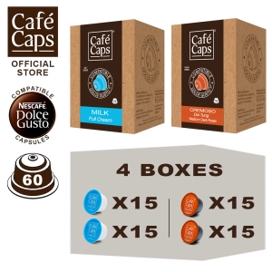 สินค้า Cafecaps - Coffee Dolce Gusto MIX Compatible capsules of Milk (2 Box X15 แคปซูล) & Cremoso (2 กล่อง X15 แคปซูล) รวม 60 แคปซูล - Dolce Gusto Coffee capsule compatible แคปซูลกาแฟที่ กาแฟสไตล์อิตาเลียนทั่วไป ส่วนผสมของโรบัสต้าและอาราบิก้า