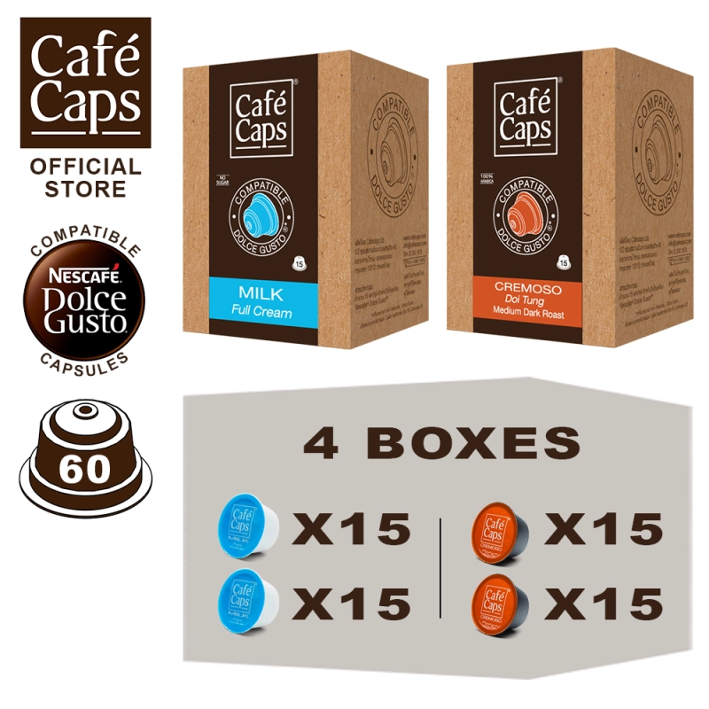 ภาพหน้าปกสินค้าCafecaps - Coffee Dolce Gusto MIX Compatible capsules of Milk (2 Box X15 แคปซูล) & Cremoso (2 กล่อง X15 แคปซูล) รวม 60 แคปซูล - Dolce Gusto Coffee capsule compatible แคปซูลกาแฟที่ กาแฟสไตล์อิตาเลียนทั่วไป ส่วนผสมของโรบัสต้าและอาราบิก้า