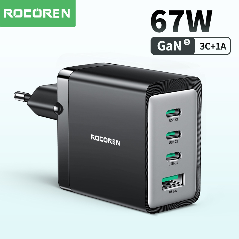 Rocoren 67W GaN Charger Quick Charge 4.0 3.0 Type C PD USB Charger with QC 4.0 3.0 Portable Fast Cha