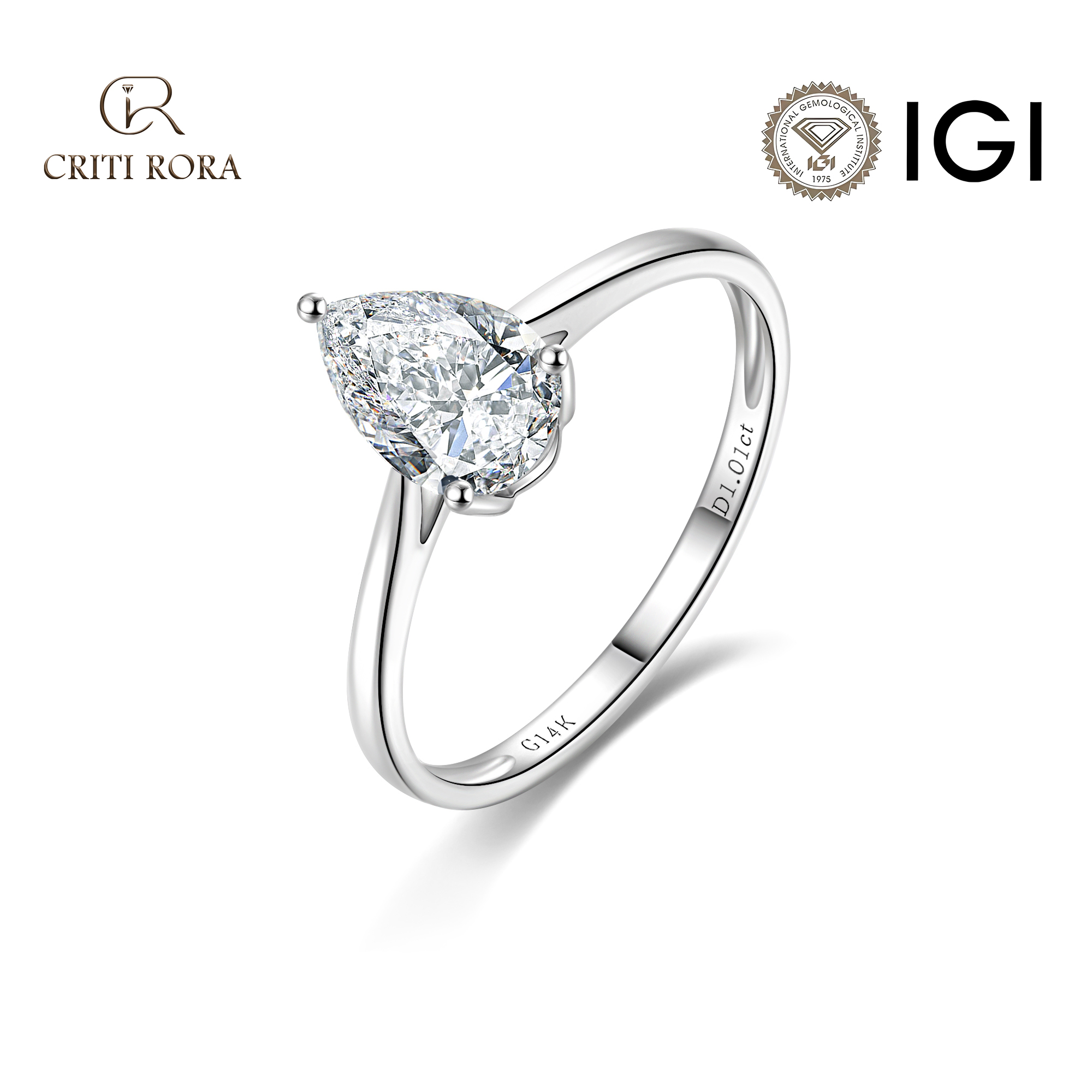 Criti Rora 1‑3 Carat Diamond Ring, Cut in a Waterfall Shape, Lab‑Grown Diamond, with Igi Certificate, Color D‑E, Clarity Vs1‑Vs2, 14K White Gold Setting, Cultivated Diamonds Are Real Diamonds. Symbolizes Delicate Love and Good Luck.