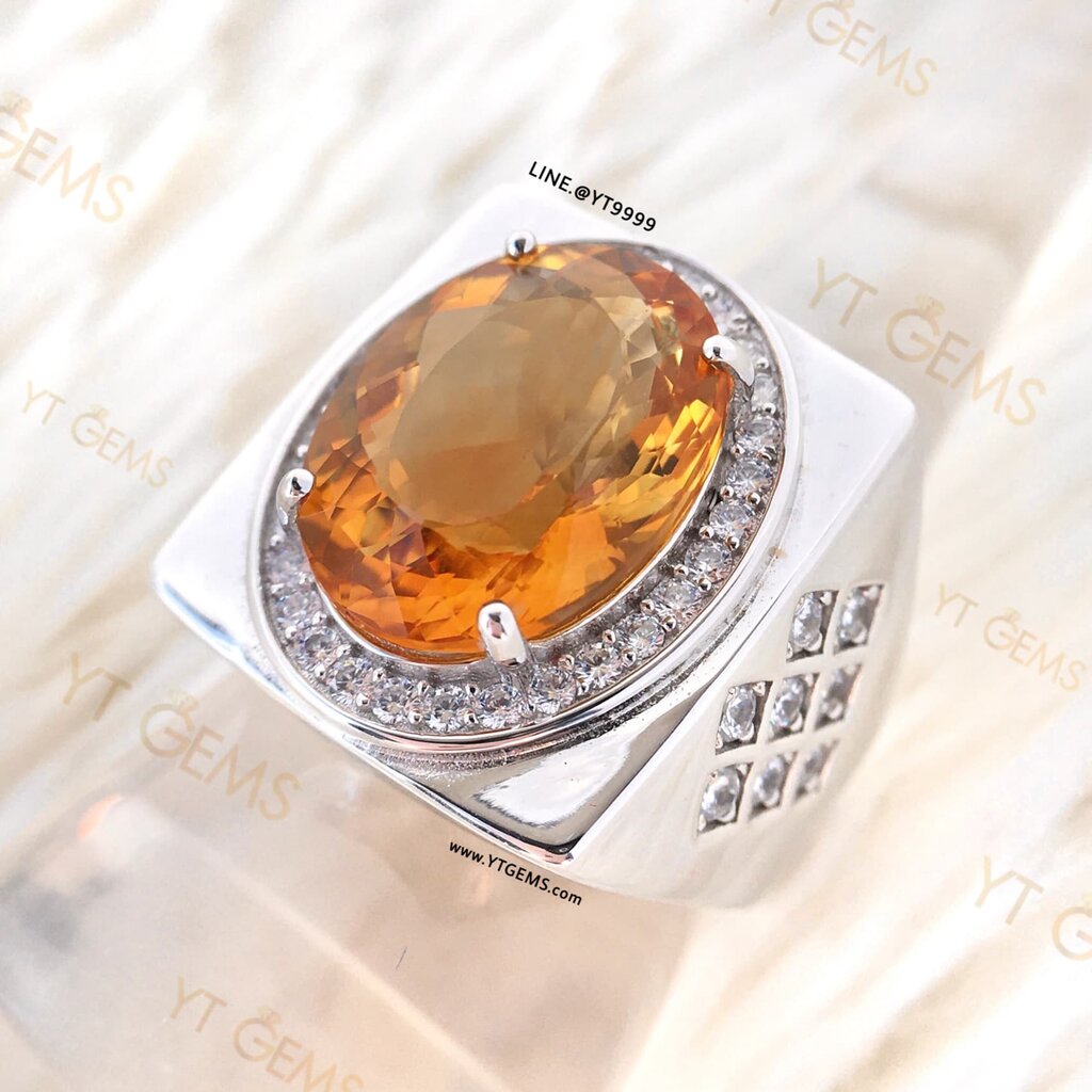 แหวนเงินแท้ 925 YTGems ซิทรินสีส้ม ล้อมเพชร ชุบทองคำขาว พลอยซิทรินแท้ YTG-11567