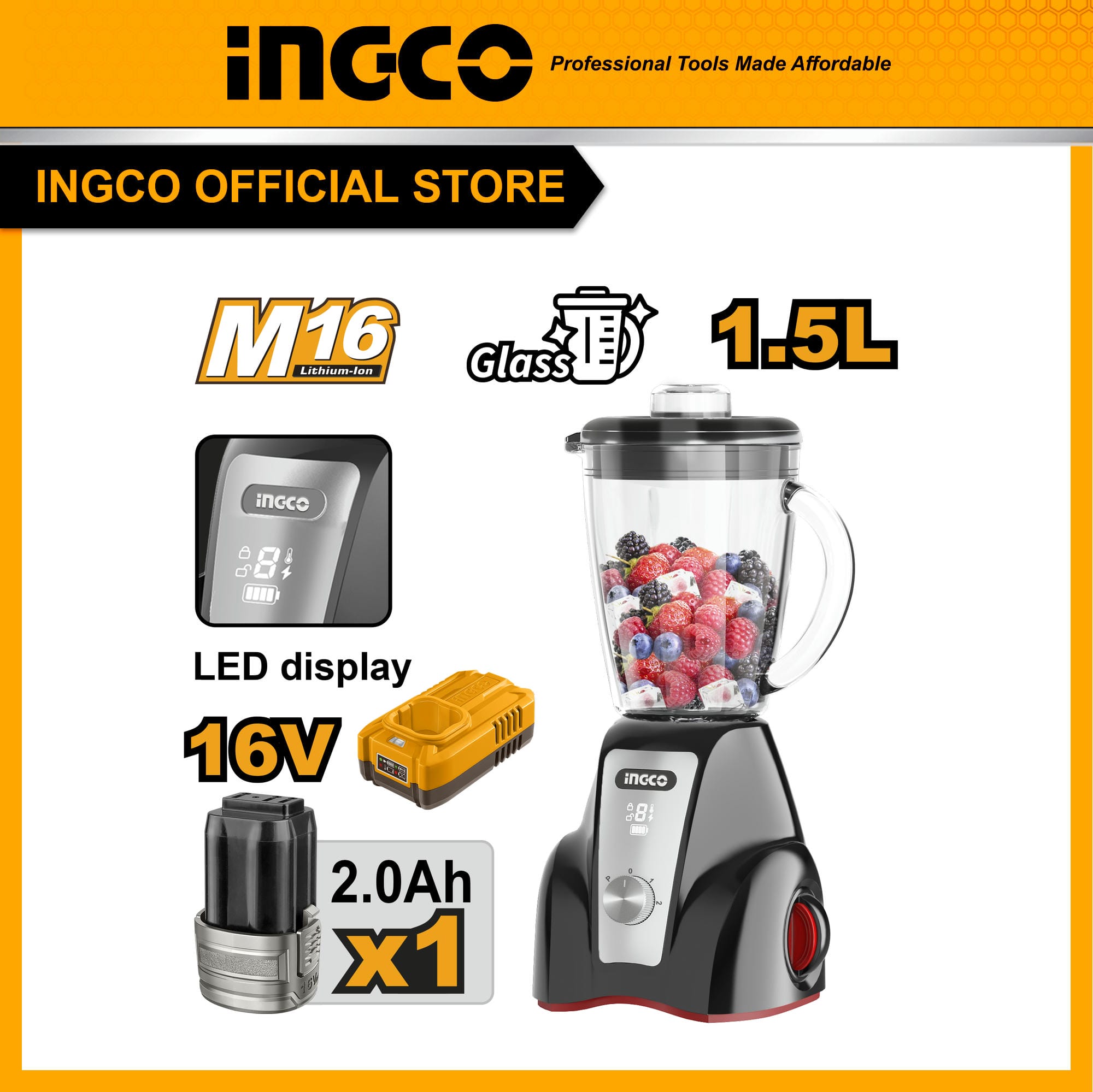 INGCO เครื่องปั่นตั้งโต๊ะไร้สาย 16V CJB052K ราคา 1,587 บาท*ส่งฟรี