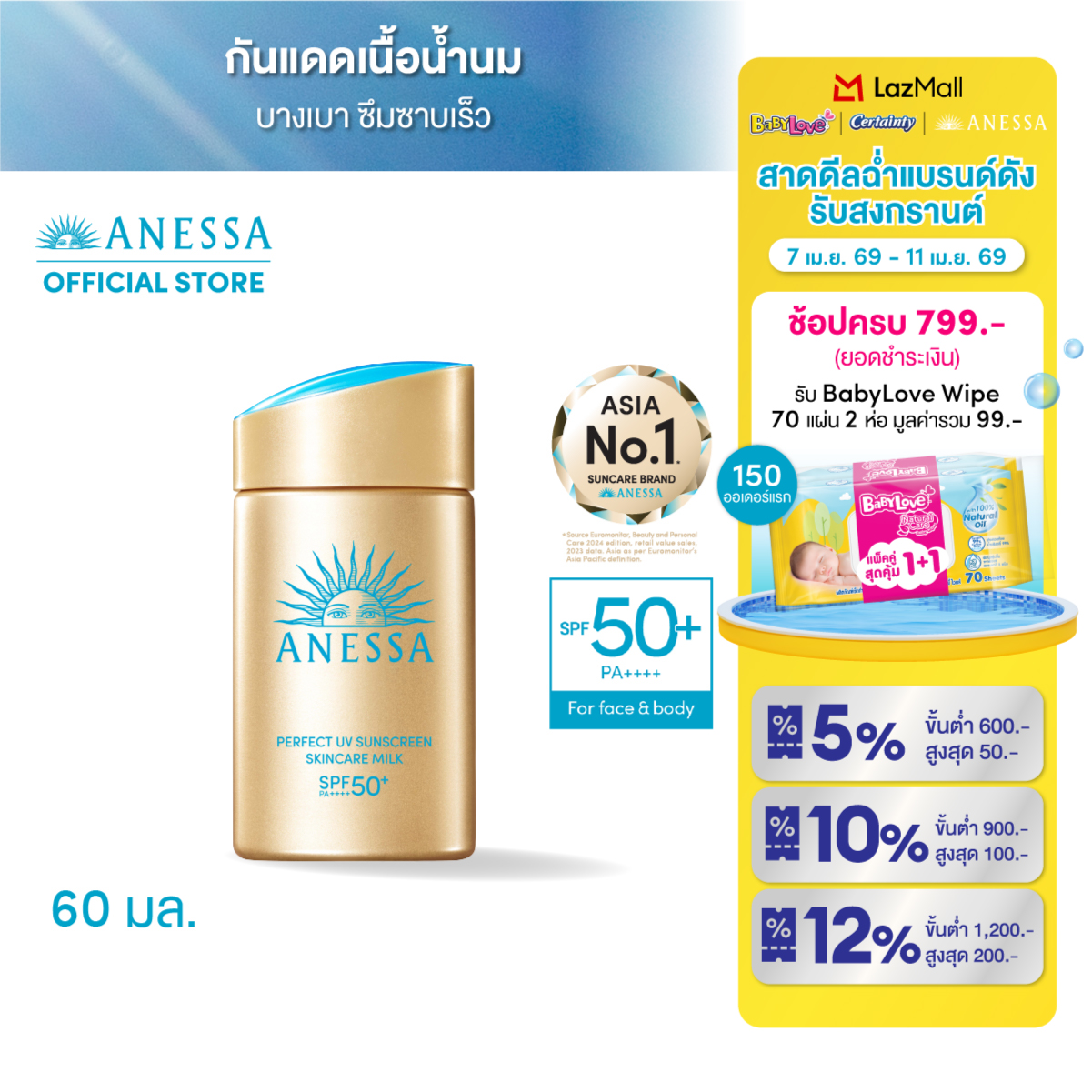 ANESSA Perfect UV Sunscreen Skincare Milk NA SPF50+ PA++++ 60 mL