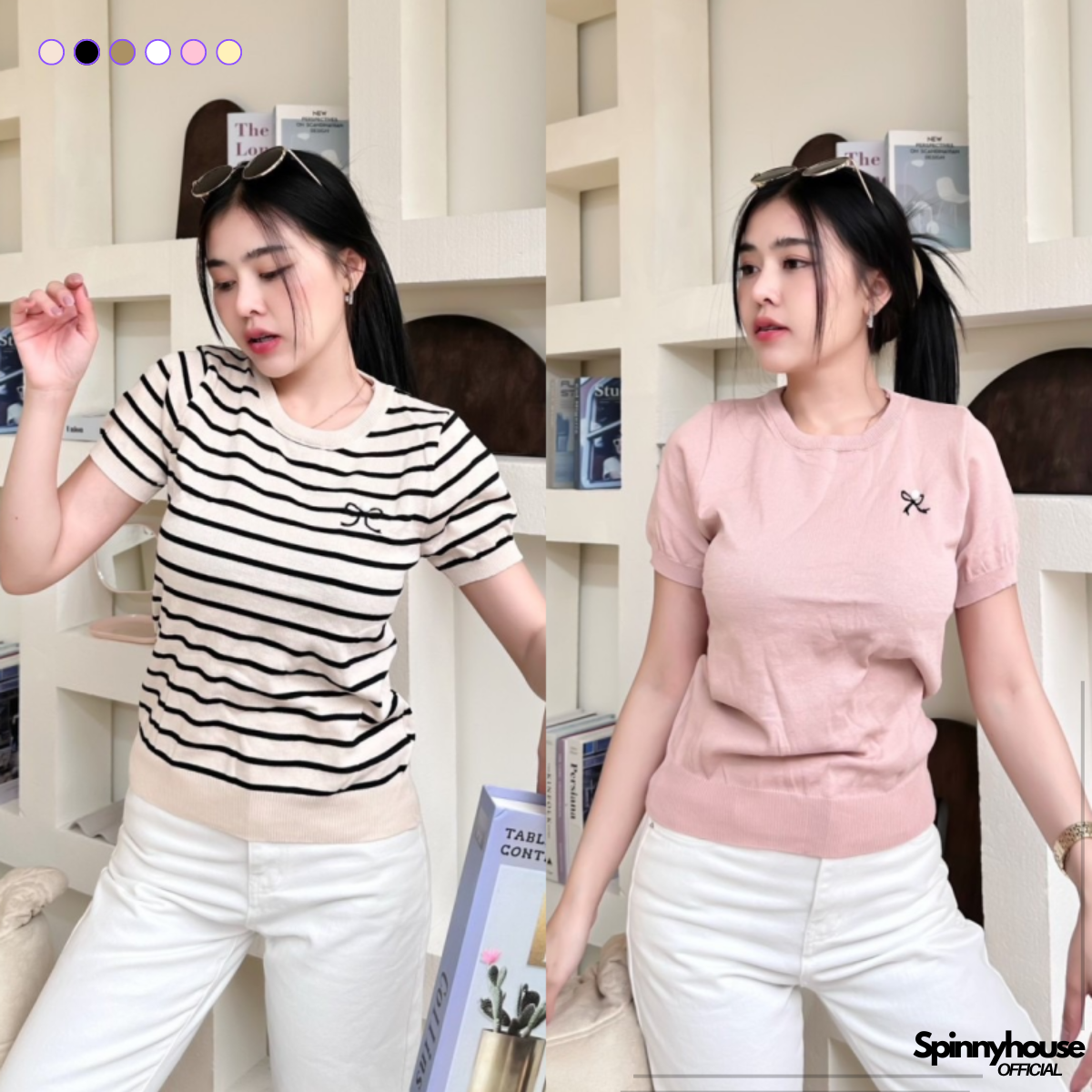 🌈SpinnyHouse🌈เสื้อยืดคอกลมแขนสั้น ปักลายโบว์ ผ้าไหมพรม 🌼 ยืดเยอะมาก สาวอวบใส่ได้จ้า ใส่ง่ายผ้านุ่ม พร้อมส่งทุกสี รุ่น ก่อนนอน ราคา 159 บาท*ส่งฟรี