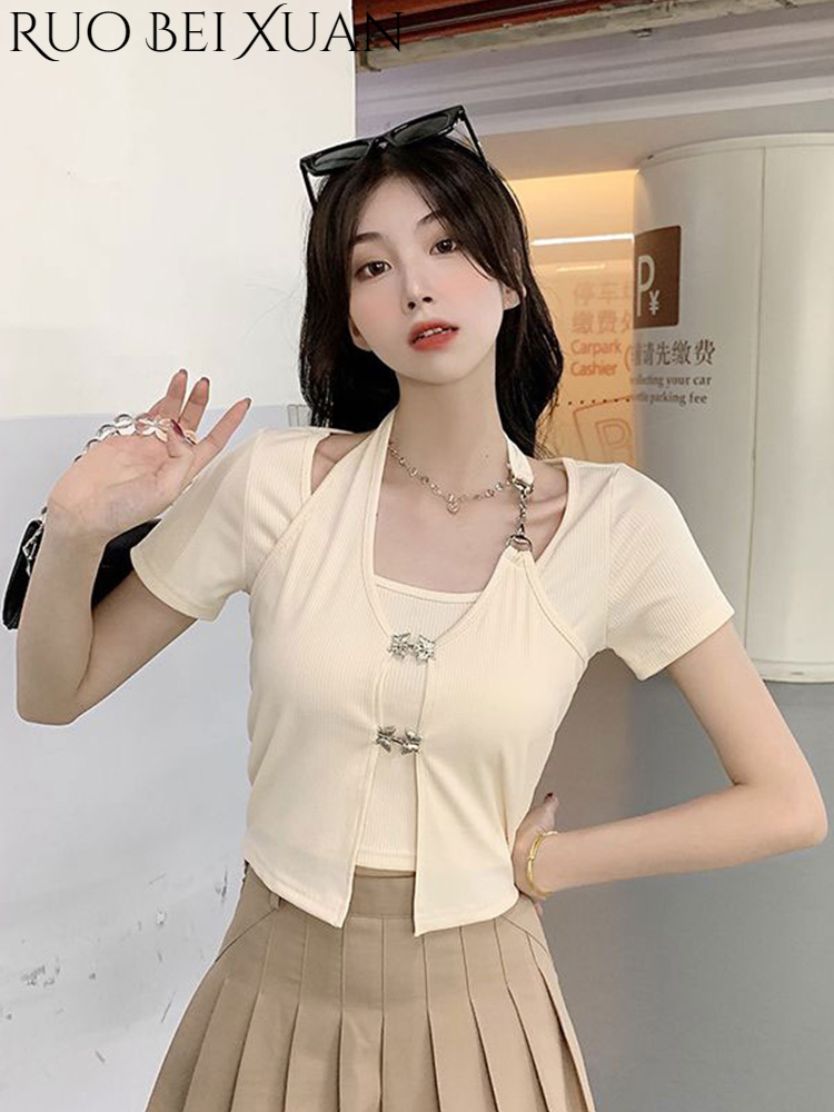 Ruo Bei Xuan T-shirt for women Fake two pieces hanging neck slim irregular short chic jacket ราคา 148 บาท*ส่งฟรี