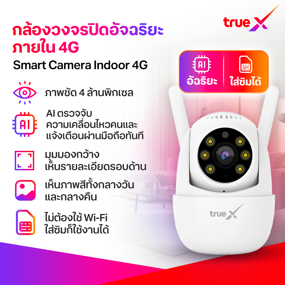 Truex,Smart Camera Indoor 4g, Intelligent Indoor Cctv Camera 4g ราคา 1,290 บาท*ส่งฟรี