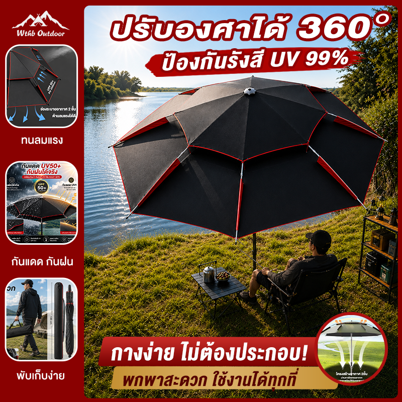 Folding Fishing Umbrella, Large Fishing Umbrella 2.6/2.4m, Adjustable 360° ° Thicker Poles 0Light Transmission Sun Protection and Rain Protection ราคา 559 บาท*ส่งฟรี