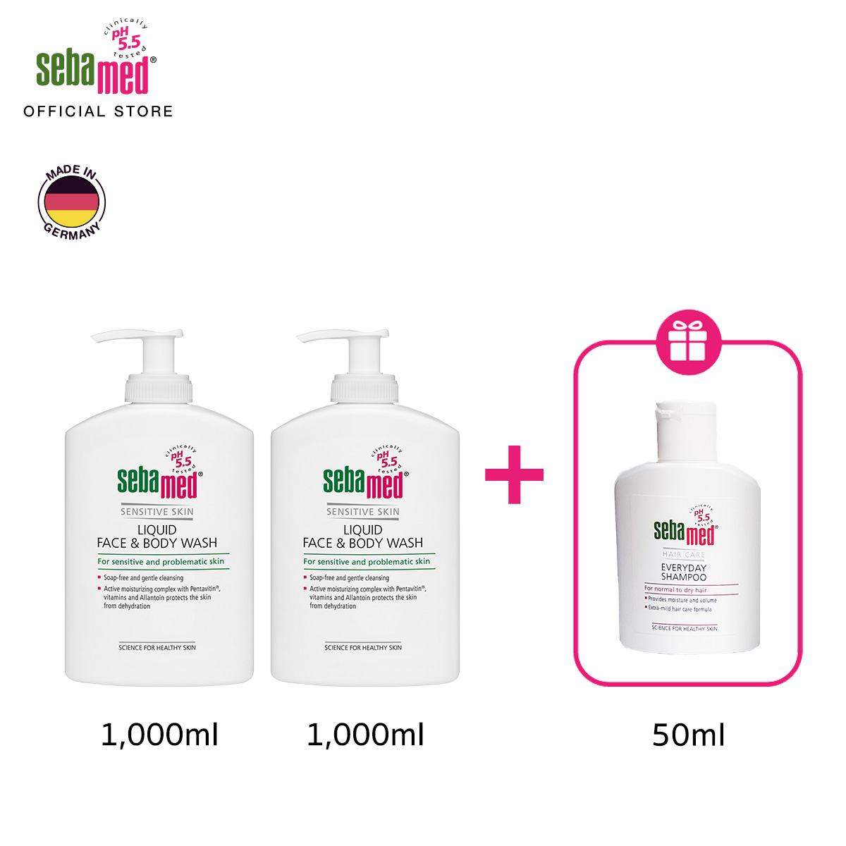เซ็ตแพ็คคู่ : SEBAMED LIQUID FACE&BODY WASH 1000ML X2 ชิ้น ฟรี! EVERYDAY SHAMPOO 50ML (ครีมอาบน้ำสูตรอ่อนโยน) ราคา 1,935 บาท*ส่งฟรี