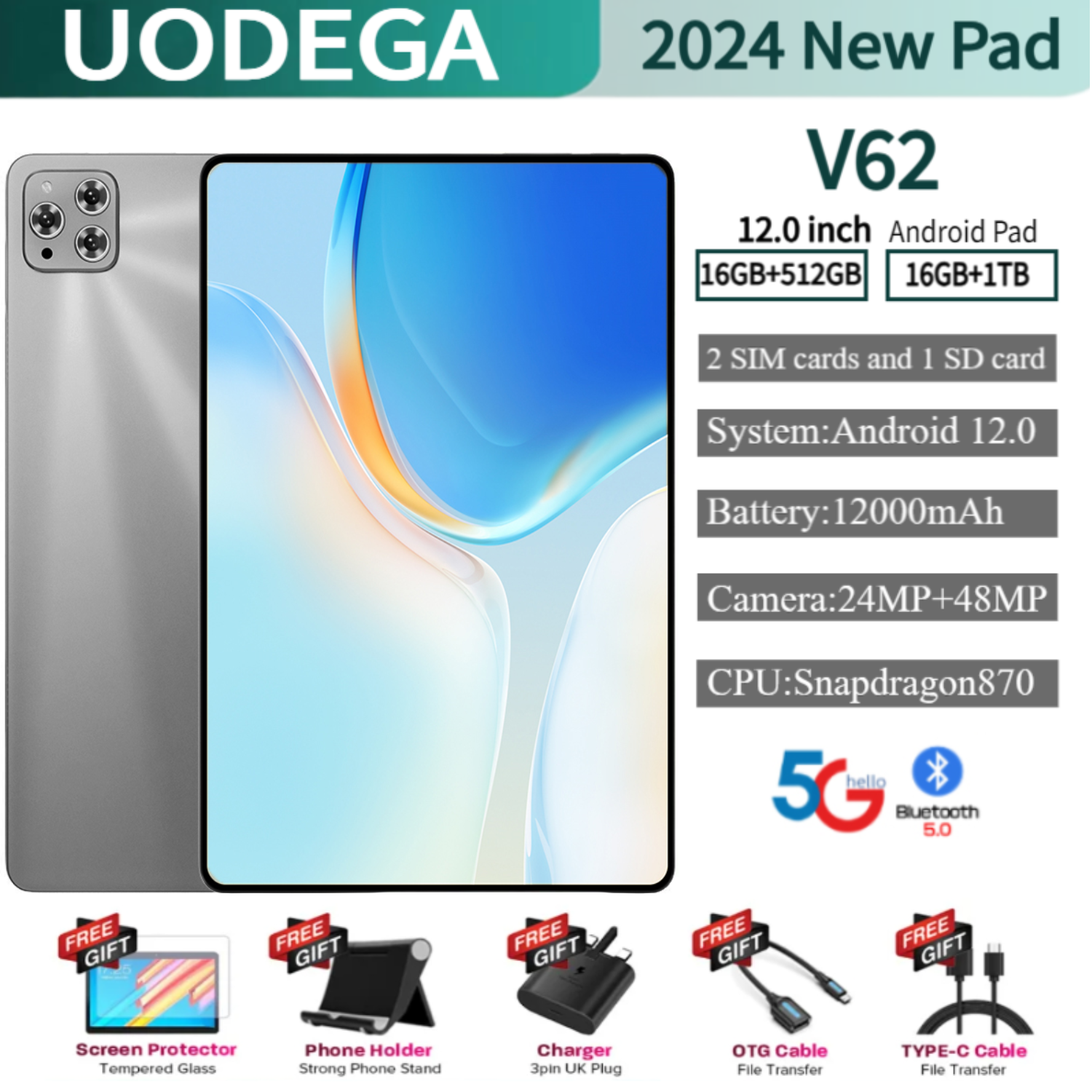 [Buy 1 get 6 free]UODEGA Tablet New Pad V62 Tablet 12 inch Android 12.0 2 SIM card Tablet Full HD Good Sound Quality Low Price RAM16GB + ROM512GB/1TB 3G/4G/5G/WIFI Cheap Tablet Video Game Call Office ราคา 1,748 บาท*ส่งฟรี