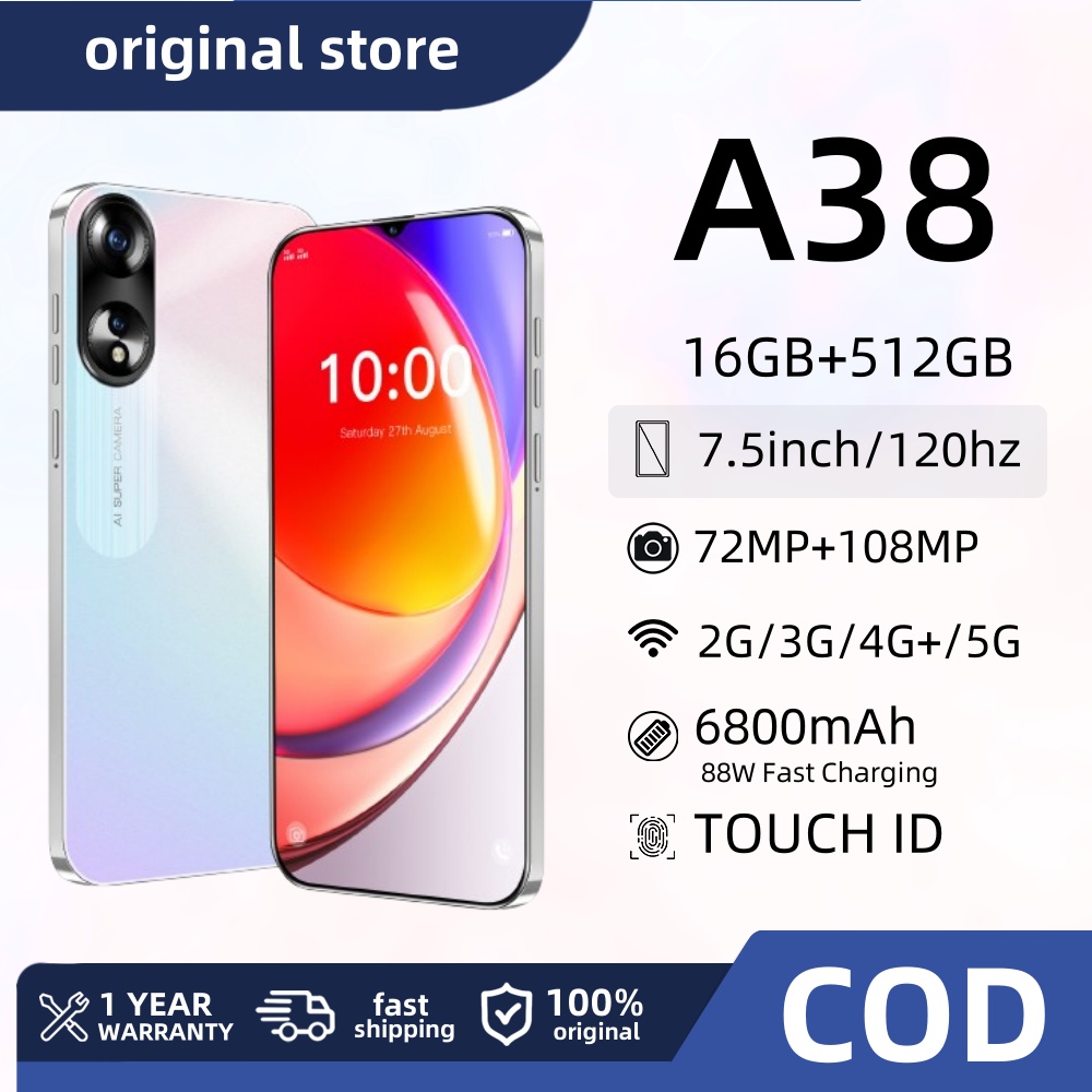 (NEW) สมาร์ทโฟน A38 หน้าจอ 7.5 นิ้ว RAM 16GB + ROM 1TB แบตเตอรี่อึด 6800mAh ระบบปฏิบัติการ Android รองรับการปลดล็อคด้วยการสแกนใบหน้าและลายนิ้วมือ โปรโมชั่นราคาถูก (COD) ราคา 699 บาท*ส่งฟรี