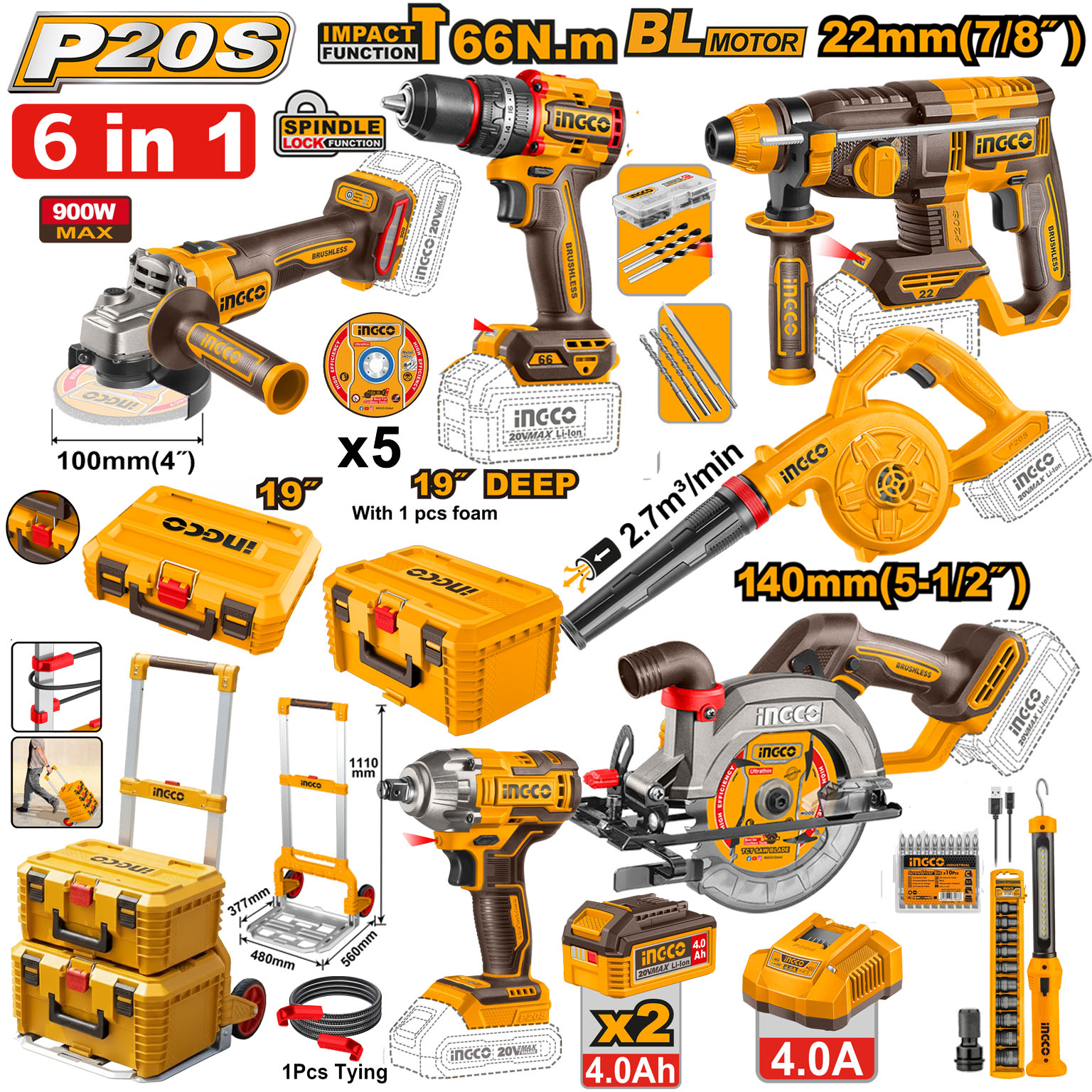 Ingco Super Comboset 19 6 in 1 Cordless Tool Set with 2 4.0Ah Batteries (Available in 2 Styles: Tool Box Stand Type and Handcart Type) ราคา 11,500 บาท*ส่งฟรี