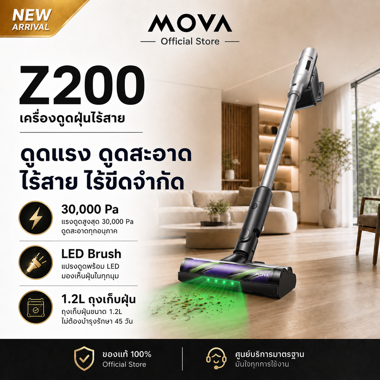 Mova Z200 Wireless Vacuum Cleaner, Powerful Suction Force 30000Pa, Large Dust Collection Bag 1.2L, Led Brush for Cleaning Fur, No Entanglement, 2 Year Full Warranty. ราคา 10,990 บาท*ส่งฟรี