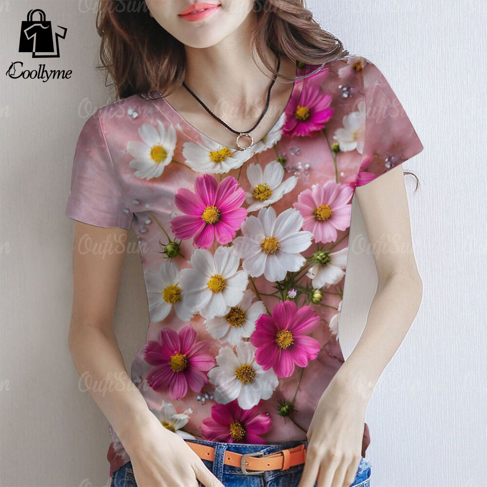 2567 women's floral T-shirt V-neck one-piece Road clothing Harajuku casual short sleeve plus size women top ราคา 92 บาท*ส่งฟรี