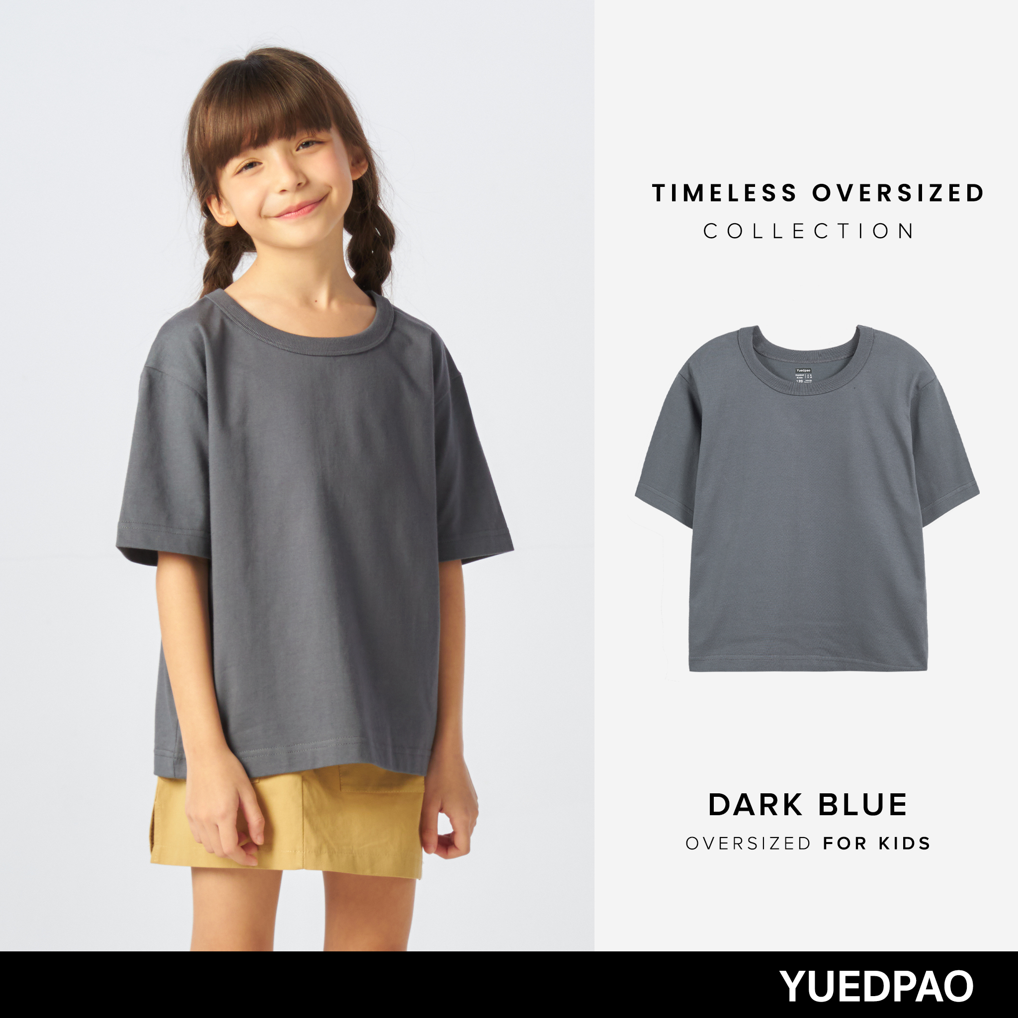 Yuedpao Kids Timeless Oversized เสื้อยืดเด็ก สีสดใส สไตล์มินิมอล ผ้านุ่ม สัมผัสเบาสบาย ไม่ย้วย ไม่หด ไม่ต้องรีด สี Dark Blue ราคา 161 บาท*ส่งฟรี