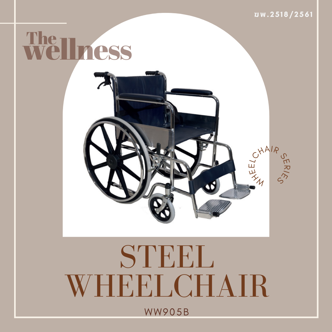 วีลแชร์ รถเข็นผู้ป่วย รถเข็นผู้สูงอายุ รถเข็นเหล็กชุบยางตัน | Steel Wheelchair TheWellness (WW905B) ราคา 3,999 บาท*ส่งฟรี
