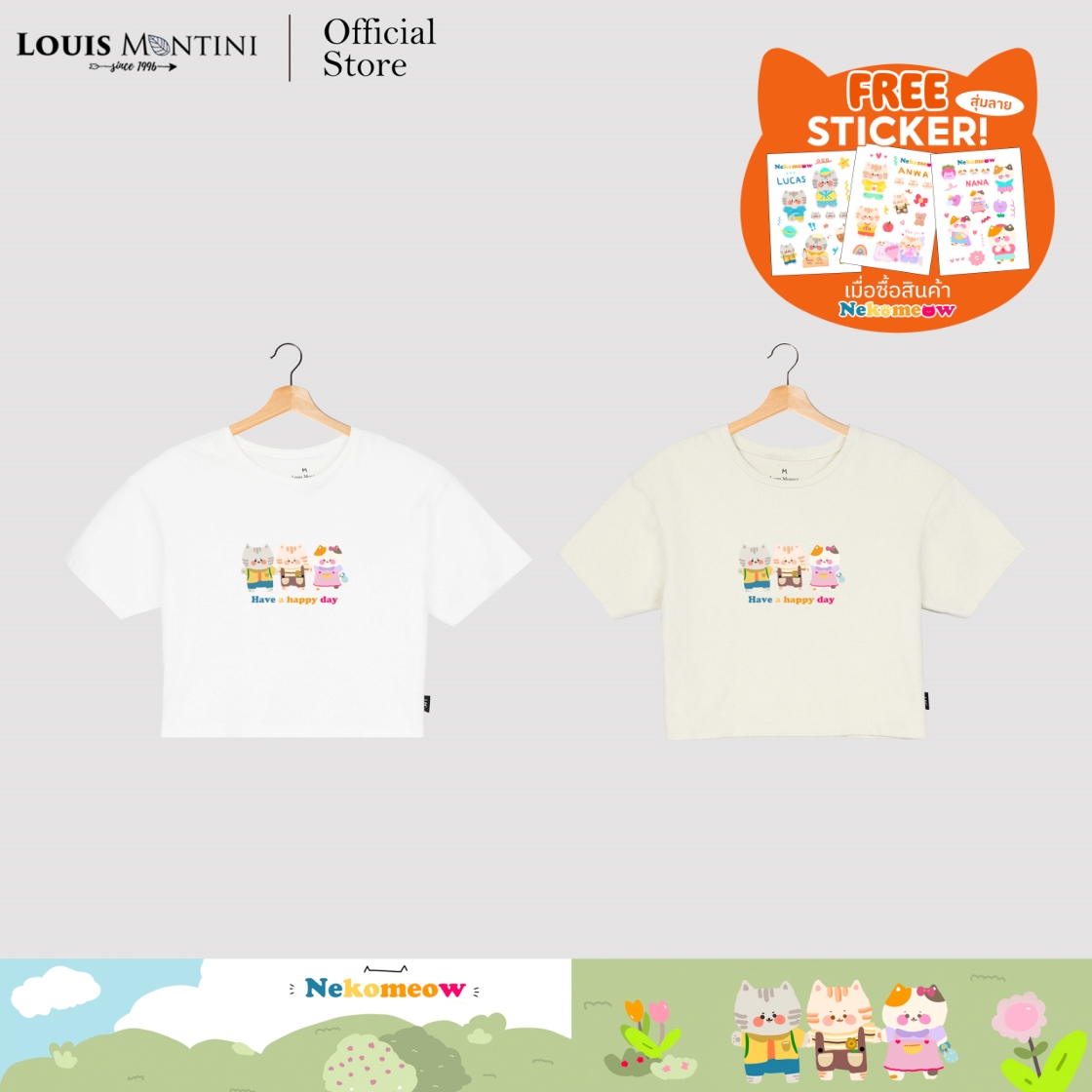 Louis Montini (Nekomeow) เสื้อครอปผู้หญิง Cotton 100% Women Crop tops (Have a happy day) LMTS10 ราคา 239 บาท*ส่งฟรี
