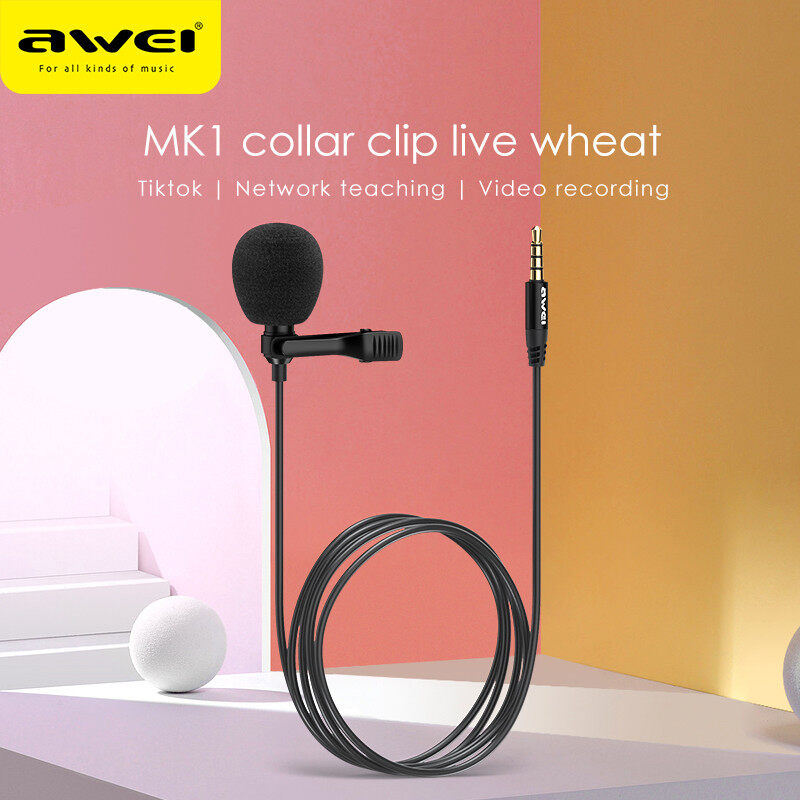 Awei MK1 Mini Microphone Youtube Micro 3.5mm Aux Jack For Vlog Record 3m Length Clean Sound Noise Cancelling For Phone Computer ราคา 112 บาท*ส่งฟรี