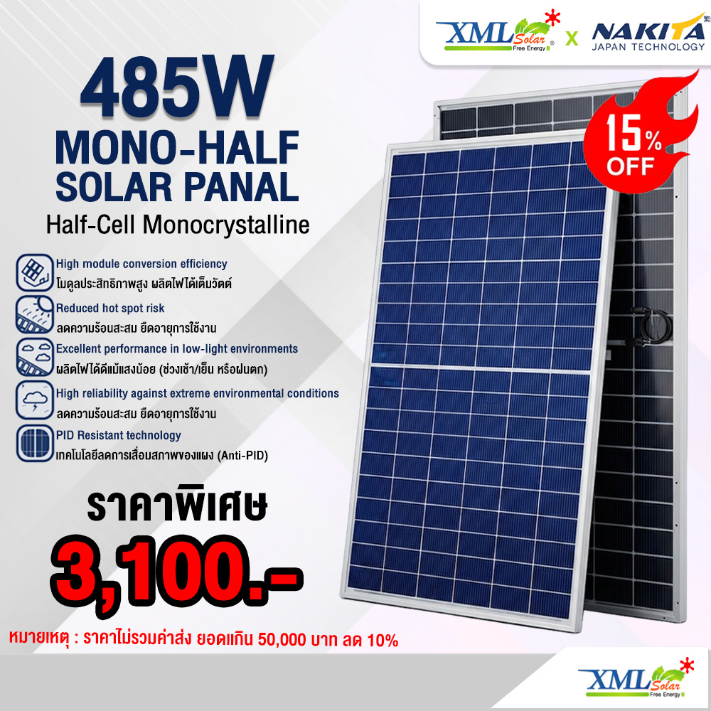 Half-Cell Nakita 485W Solar Panel ราคา 3,100 บาท*ส่งฟรี