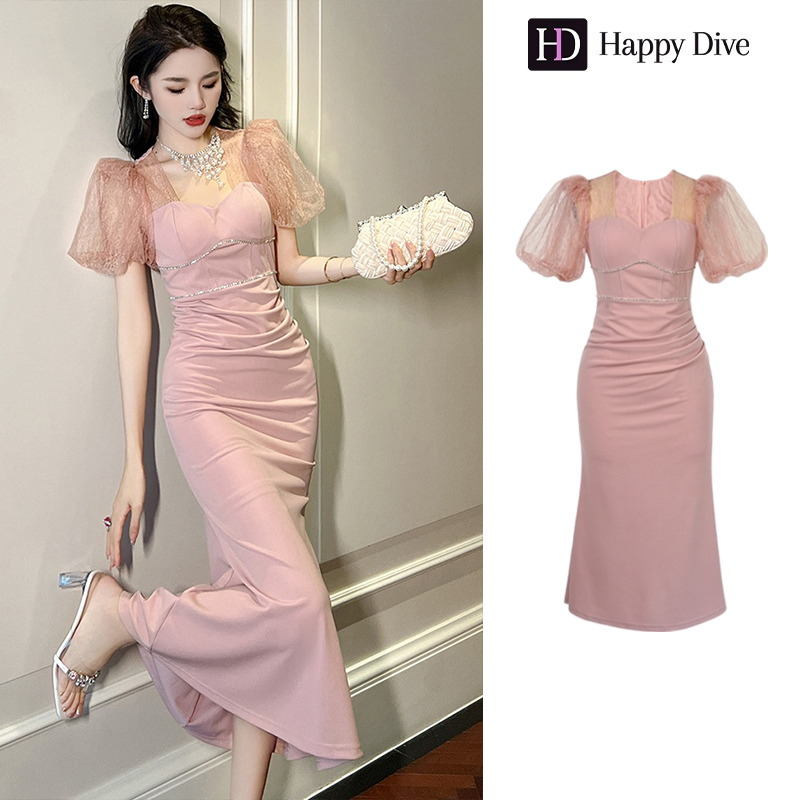 Happy Diva เดรสผู้หญิง เดรสสีชมพู เดรสหางปลา เดรสแขนพอง ชุดราตรี เดรสไฮโซ เดรสออกงาน เดรสไปงานแต่ง เดรสฝรั่งเศส 30105 ราคา 1,549 บาท*ส่งฟรี