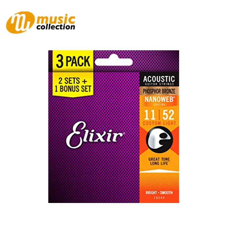 Elixir #16544 3-Pack Phosphor Bronze Nanoweb 11-52 Custom Light ราคา 1,610 บาท*ส่งฟรี