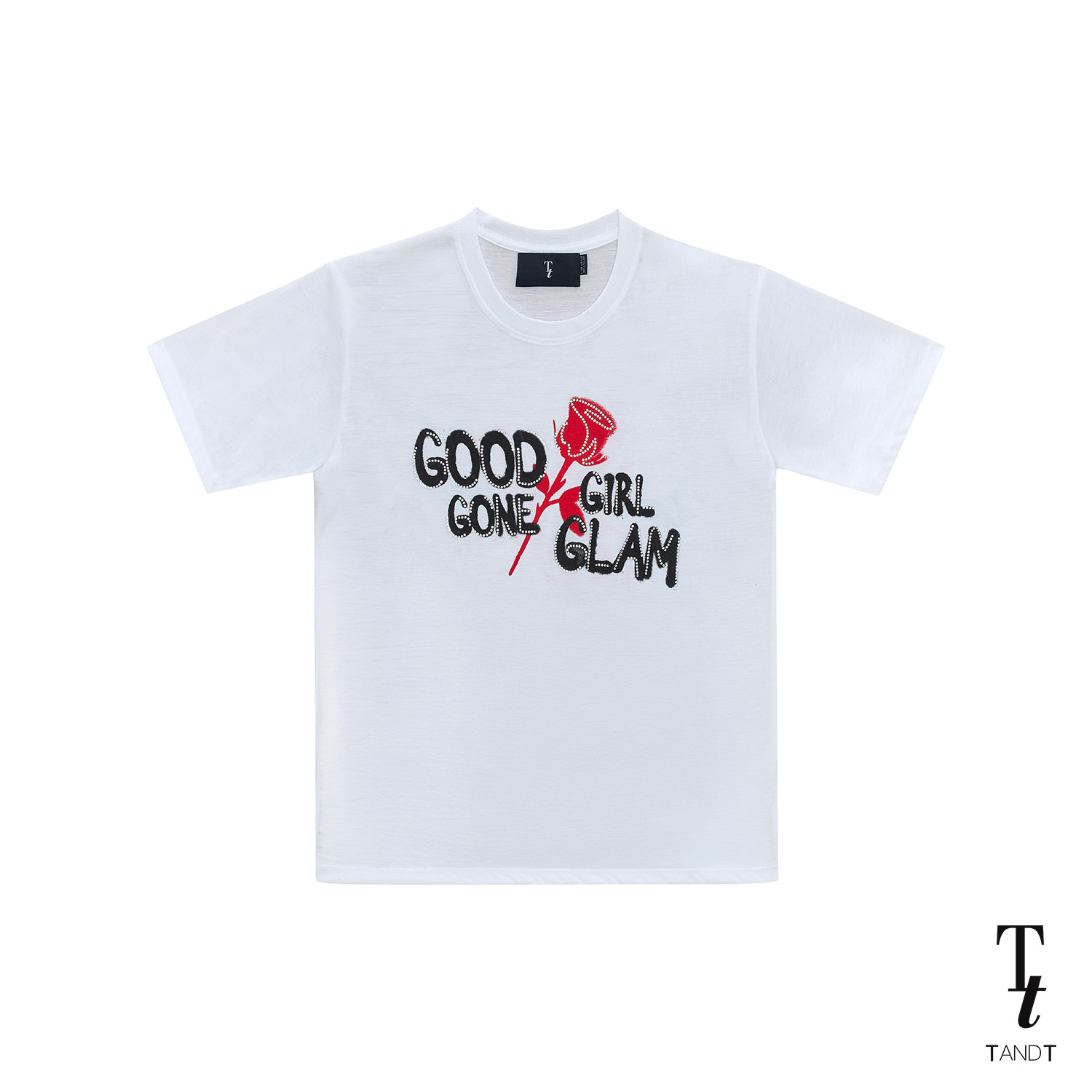 TandT - GGGG T-SHIRT - GOOD GIRL GONE GLAM PRINTED CRYSTAL EMBELLISHED T-SHIRT เสื้อยืดคอกลมแขนสั้นเนื้อบาง ตกแต่งพิมพ์ลายกราฟฟิก กู๊ดเกิร์ลกอนแกรม ตกแต่งเพชรเม็ดเล็ก ผ้าคอตต้อนเนื้อบาง ราคา 2,695 บาท*ส่งฟรี