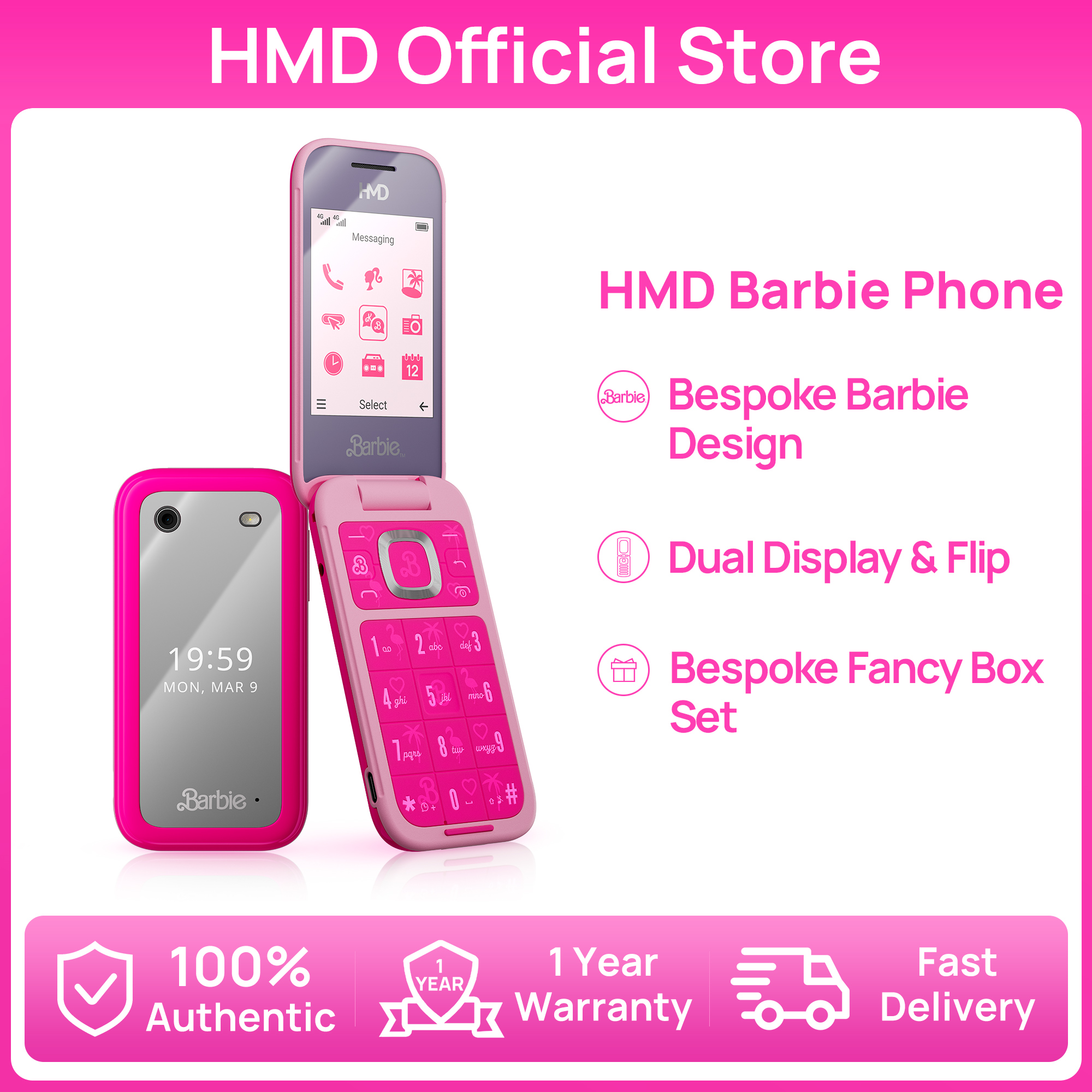【Official Store】Hmd Barbie 4g Flip Phone Fancy Pink Box Custom Barbie Ui and Classic Snake Keypad Phone with Functions 1 Year Warranty 100% Authentic from Nokia Manufacturer ราคา 2,290 บาท*ส่งฟรี