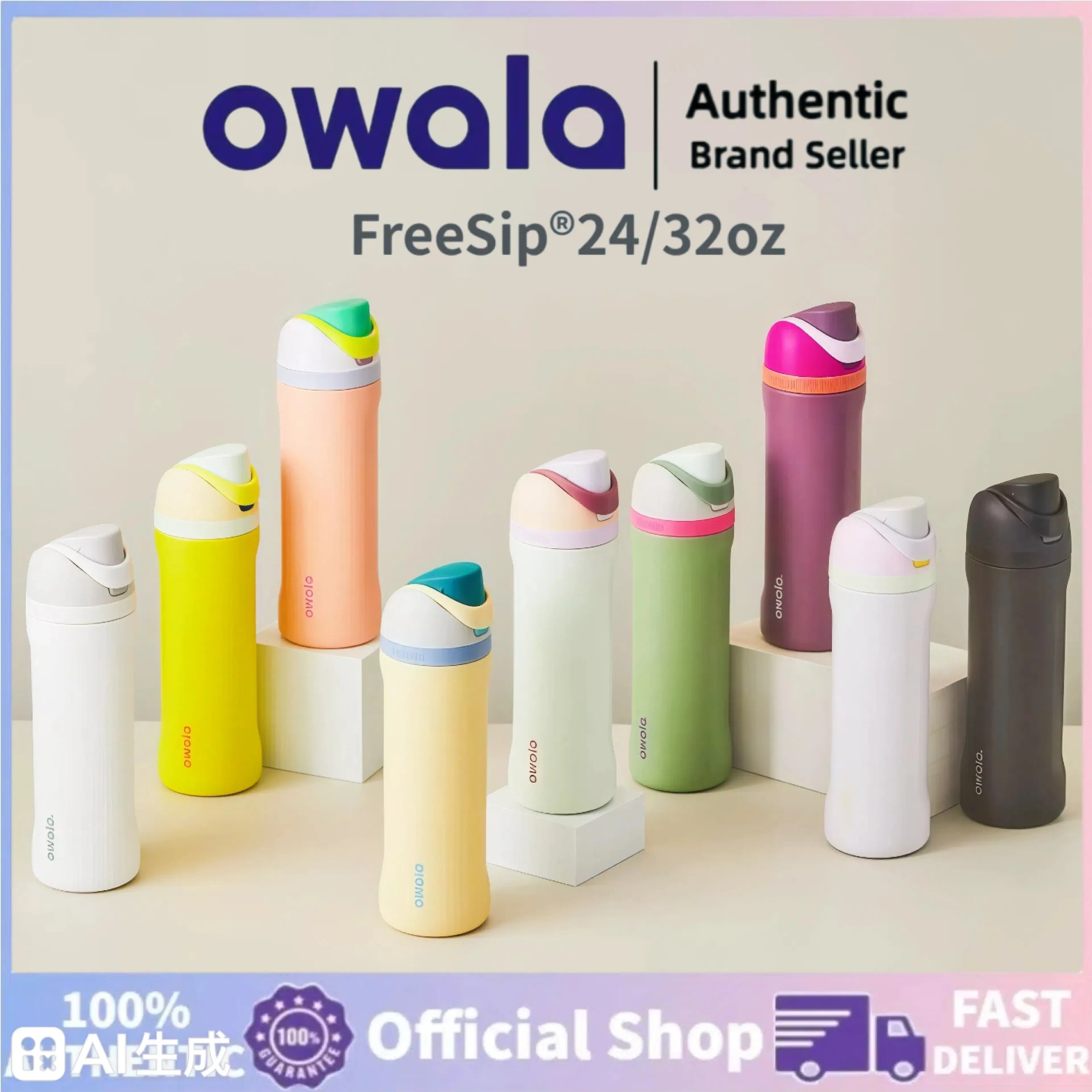 【100% Genuine】Owala Freesip 24oz 32oz Cold Water Glass, Spill-Proof, Has a Built-In Straw, Stainless Steel, Safe.