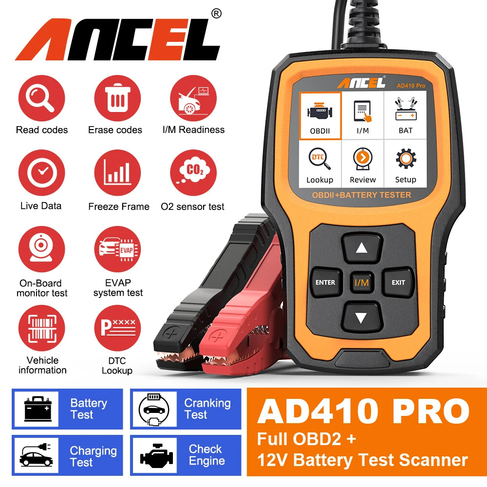 ANCEL AD410 PRO 2 in 1 OBD2 Scanner with 6V 12V Auto Battery Tester Check Engine Light Code Cranking Charging System Analyzer Tool Professional EOBD ODB2 OBD 2 Automotive Scanner Car Diagnostic Tool for All Cars ราคา 2,100 บาท*ส่งฟรี