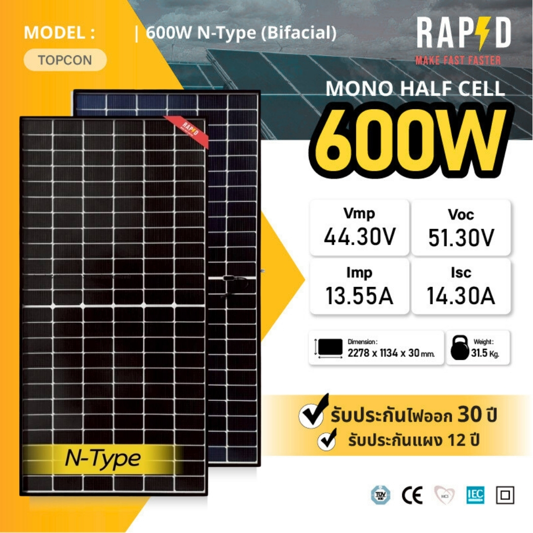 【Free Shipping】Solar Panel 600W N-Type Black Border (Bifacial) Mono Half Cell (with Warranty) New- 52009 ราคา 15,014 บาท*ส่งฟรี