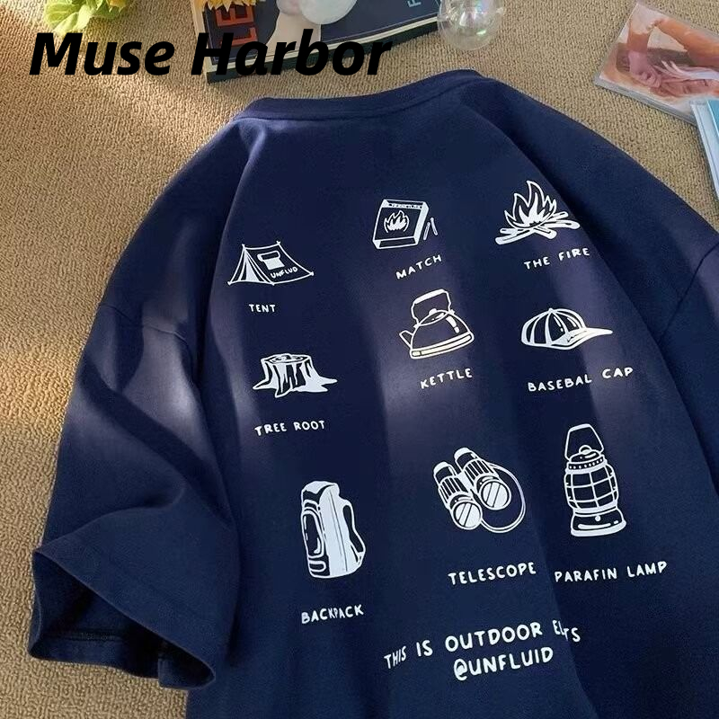 Muse Harbor เสื้อยืดแขนสั้นผู้ชายแมทช์ง่ายผ้าฝ้ายคอกลมพิมพ์ลายแขนสั้นลำลองเสื้อหลวม ราคา 65 บาท*ส่งฟรี